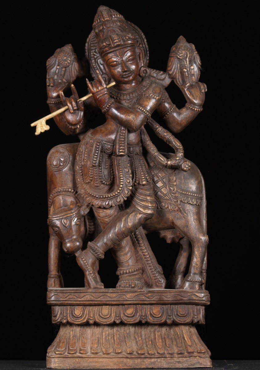 Dark Wood Venugopal Statue with Cow 24"