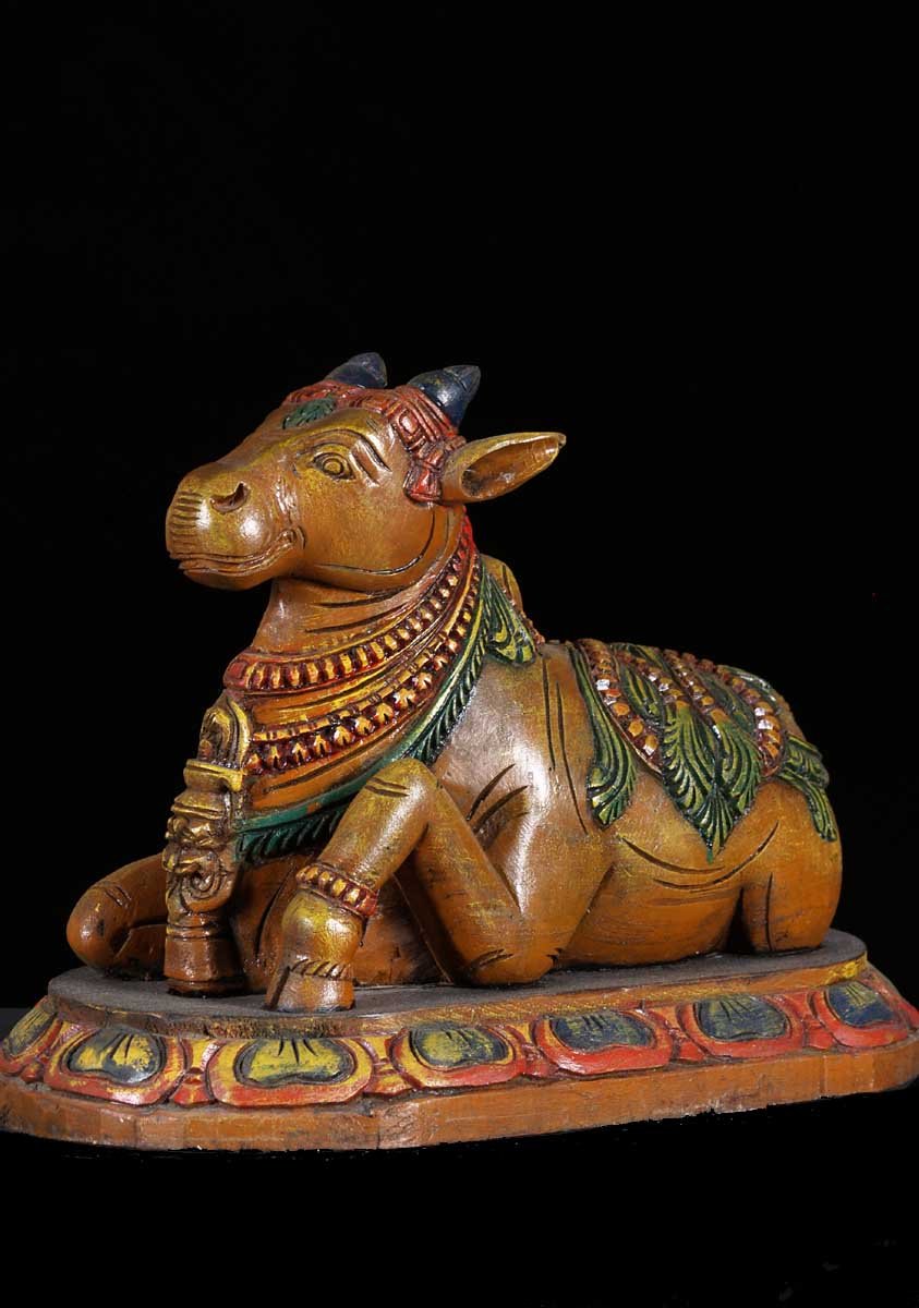 Wood Nandi Statue; Shiva's Bull 14"