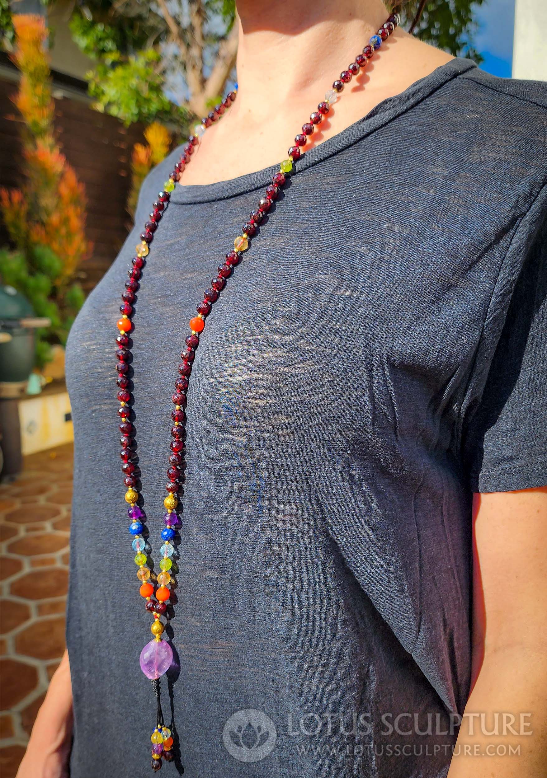 Garnet Mala Necklace with 108 Beads, Seven Chakra Stones Associated with Lord Buddha 22 by Lotus Sculpture