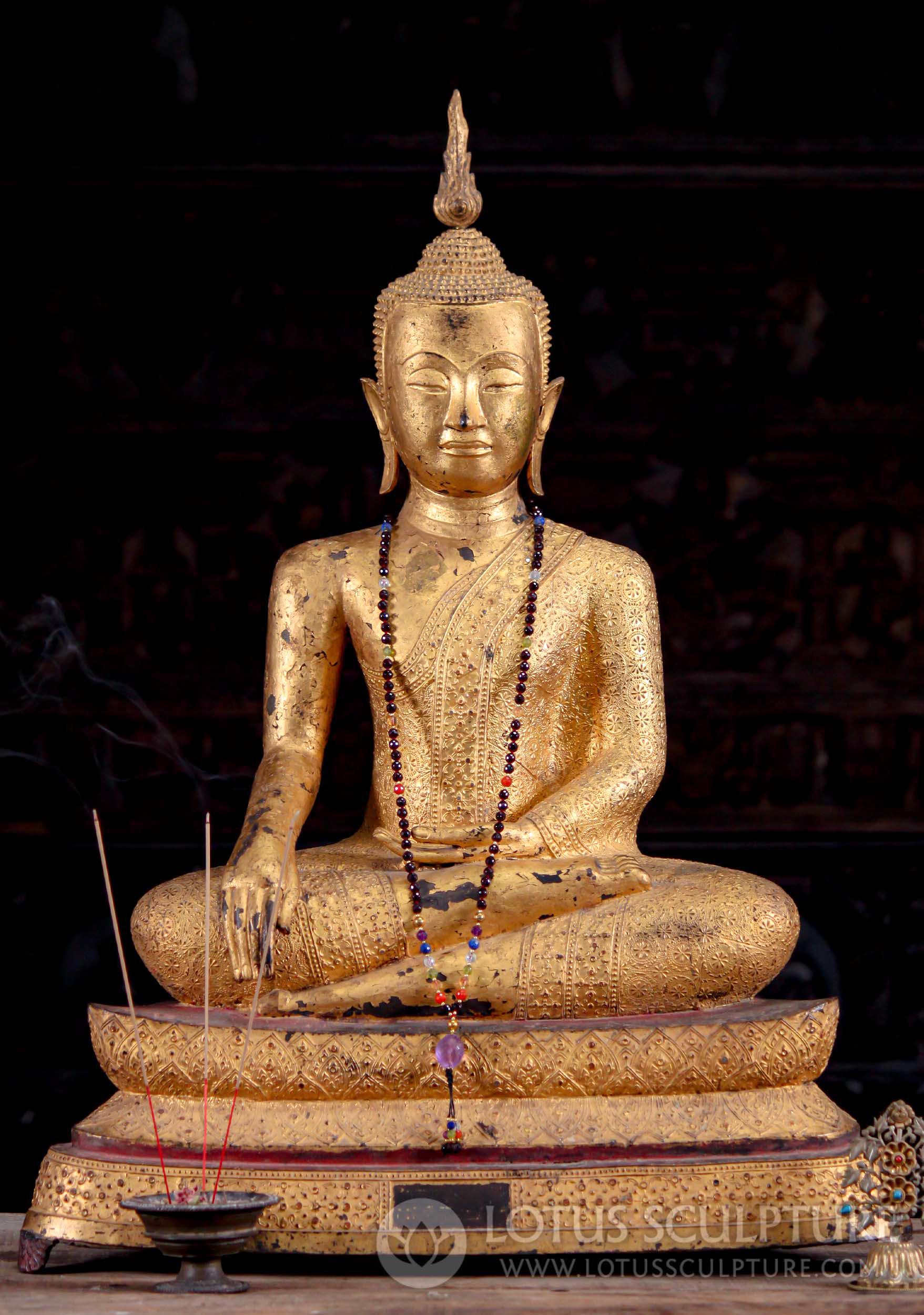 Antique 18th Century Gold Leaf Brass Ratankosin Style Earth Touching Thai Buddha Statue 34"