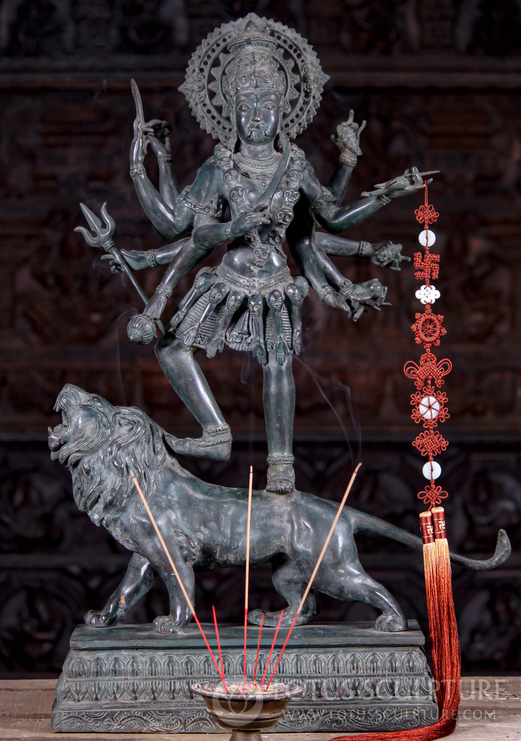 Tall Antique Green Patina 8 Armed Kali Standing on Top of Roaring Lion 30"