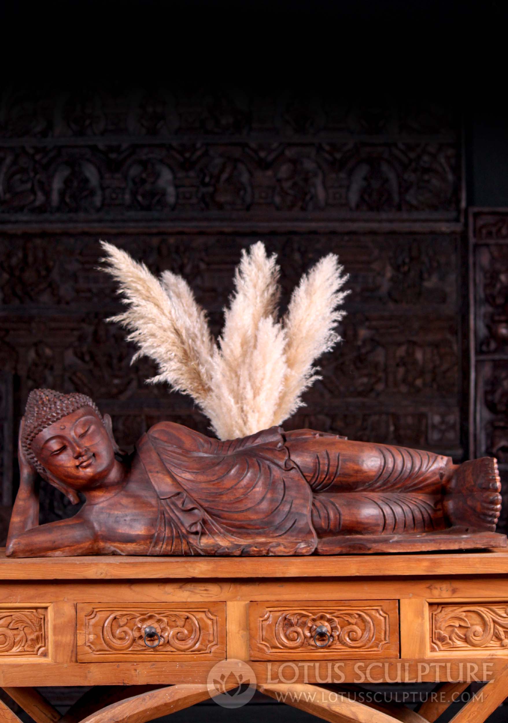 Hand Carved Solid Wood Reclining Buddha Sculpture in Calm Repose Position 42"