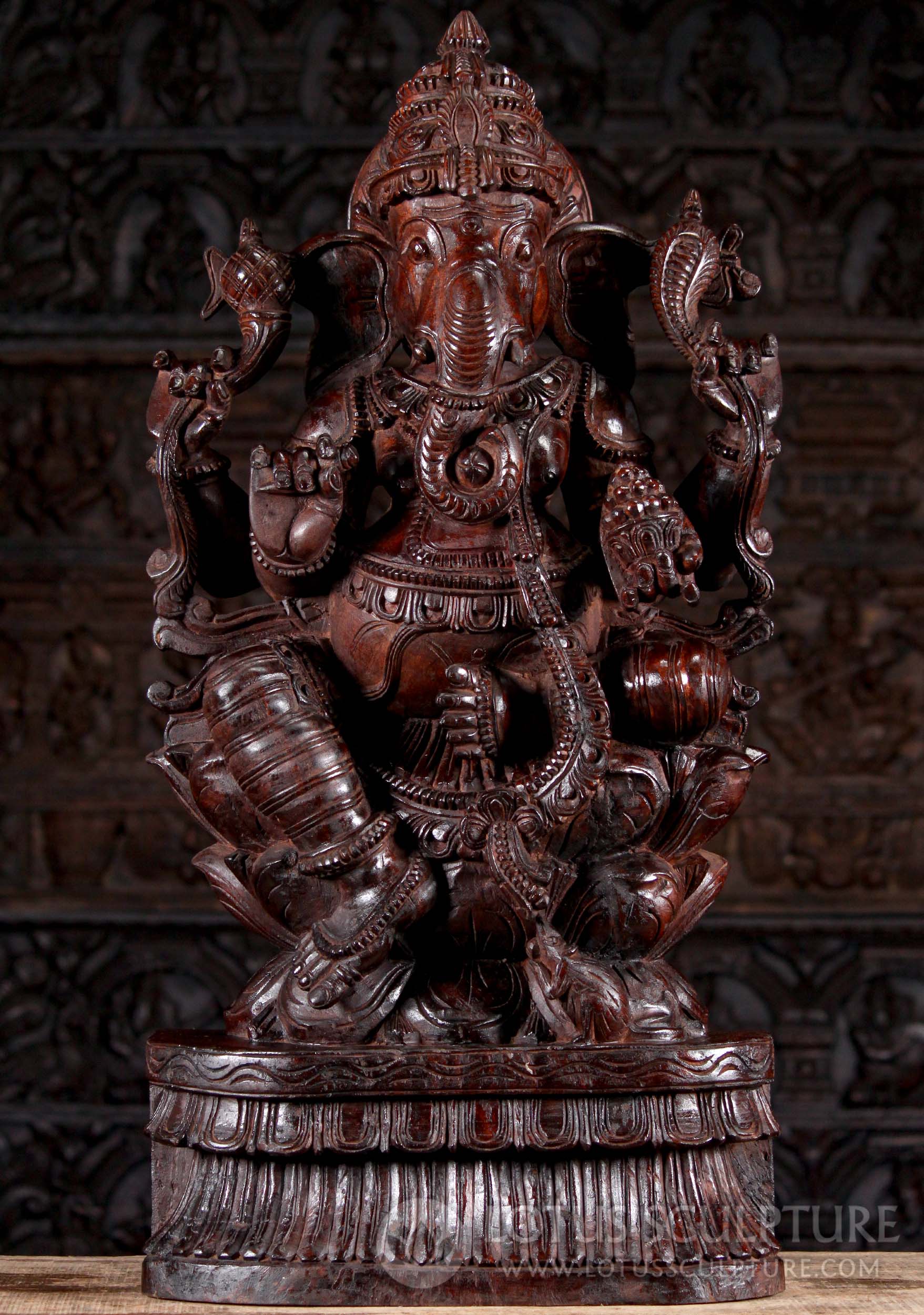 Neem Wood Hindu God Ganesha Seated on Triple Lotus Base with Mooshika Sculpture 36"