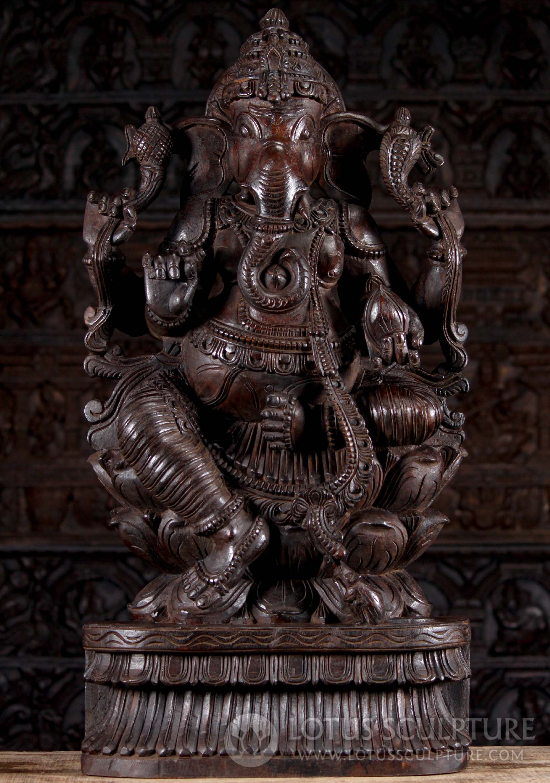 Wooden Carved Hindu God Ganesha Seated on Triple Lotus Base with Mooshika Sculpture 36"