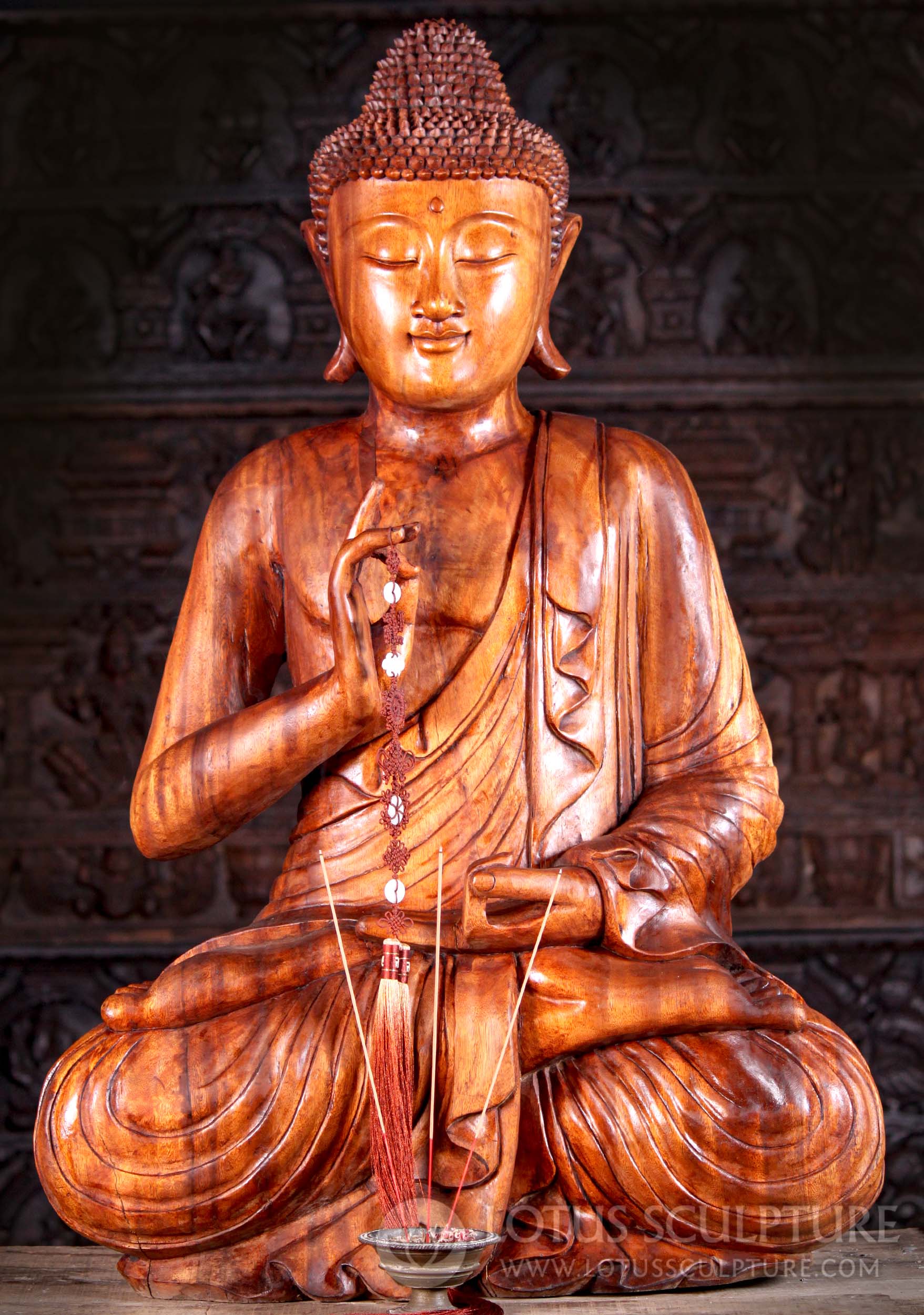 Suar Wood Padmasana Seated Large Peaceful Buddha Sculpture in Dharmachakra Mudra 41"