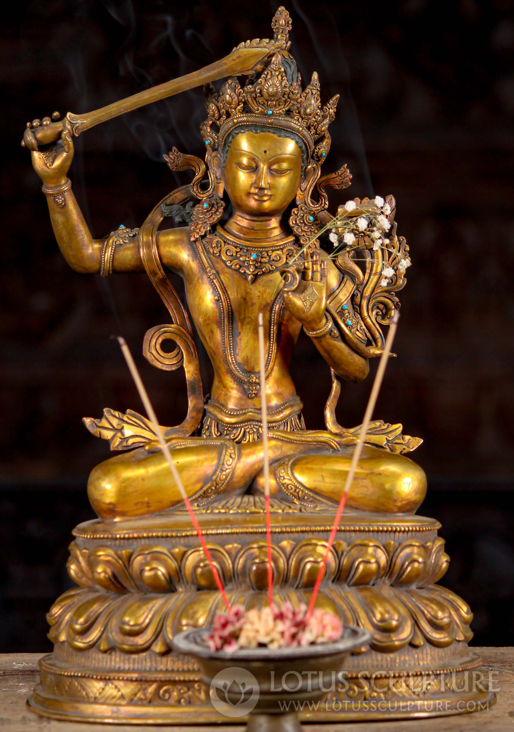 Copper Buddhist Deity Manjushree with Turquoise Stones Sculpture Hand Crafted in Nepal 16"