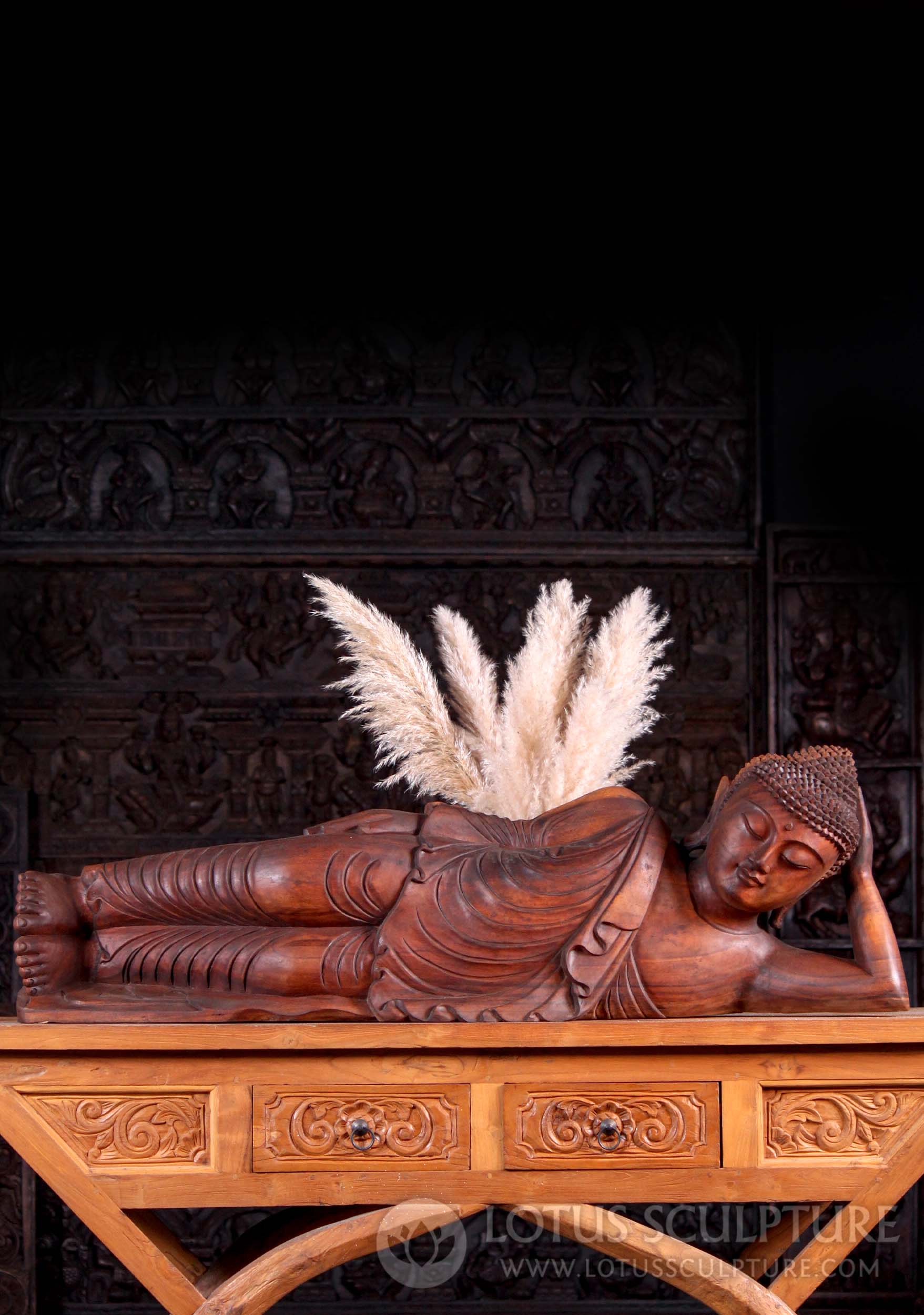 Large Hand Carved Solid Wood Reclining Buddha Sculpture in Calm Repose Position 50"