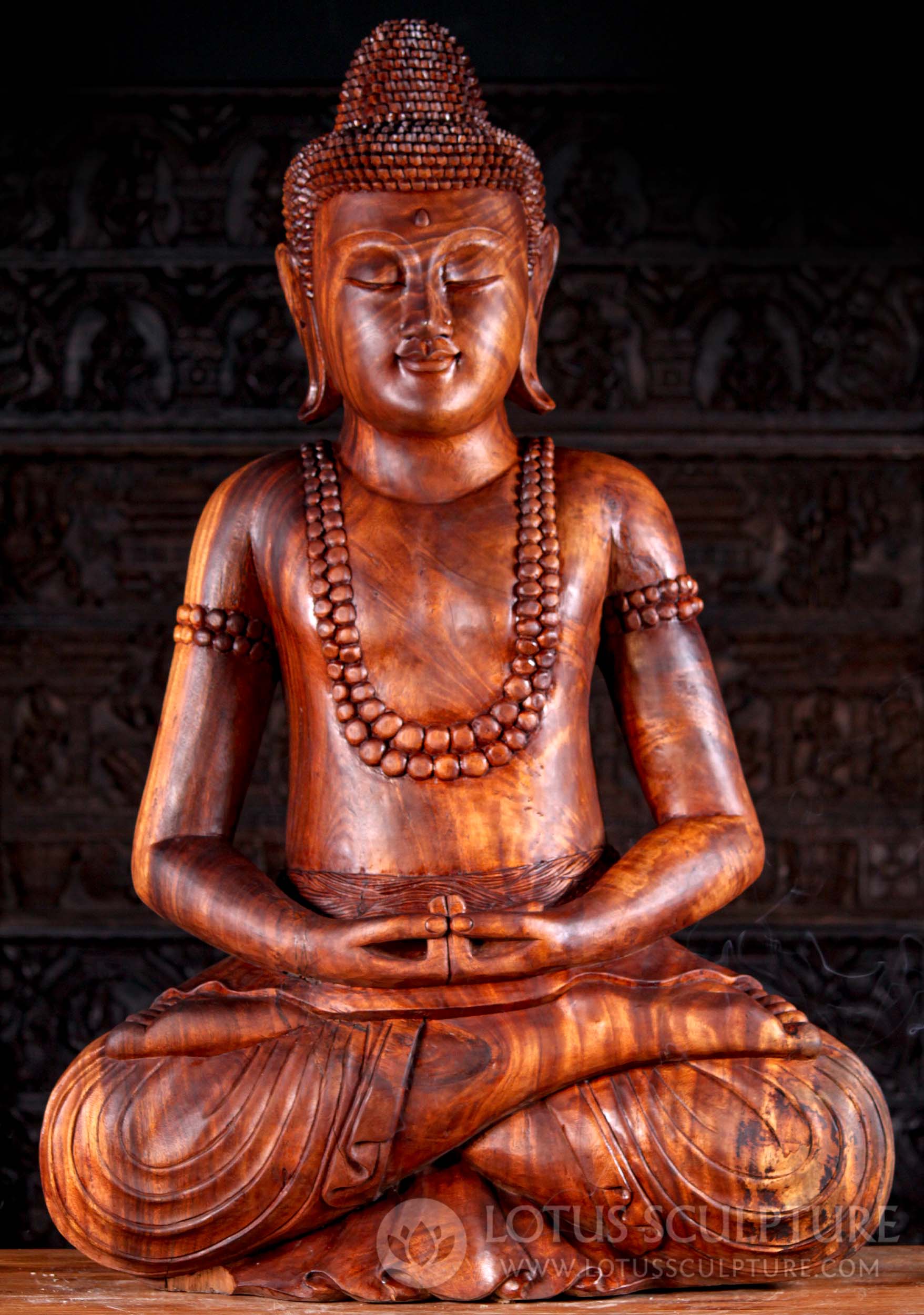 Solid Wood Hand Carved Padmasana Seated Meditating Buddha Sculpture with Mala 51"