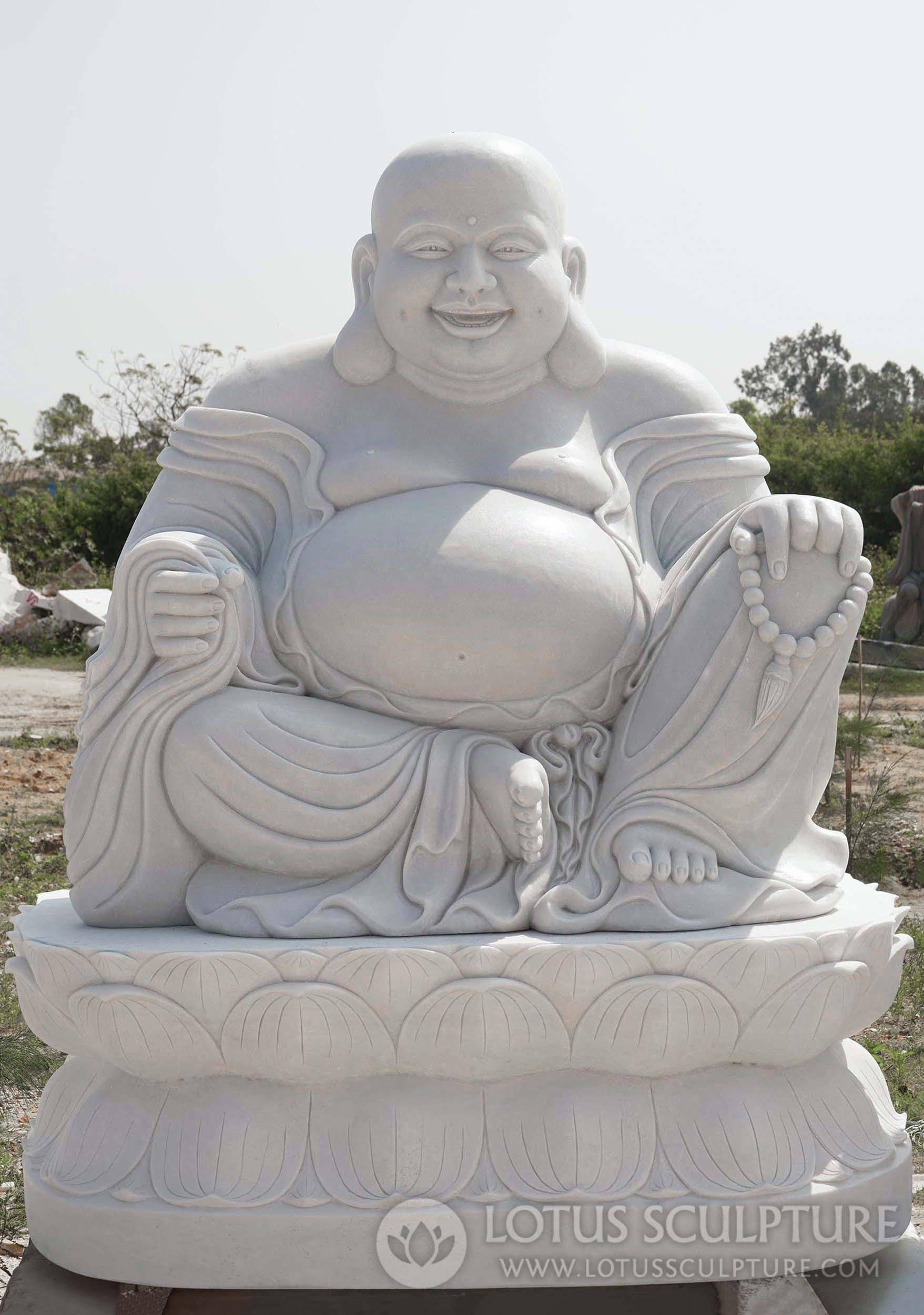 Marble Huge Fat & Happy Hotei Buddha Sculpture Seated on Separate Lotus Base 89"