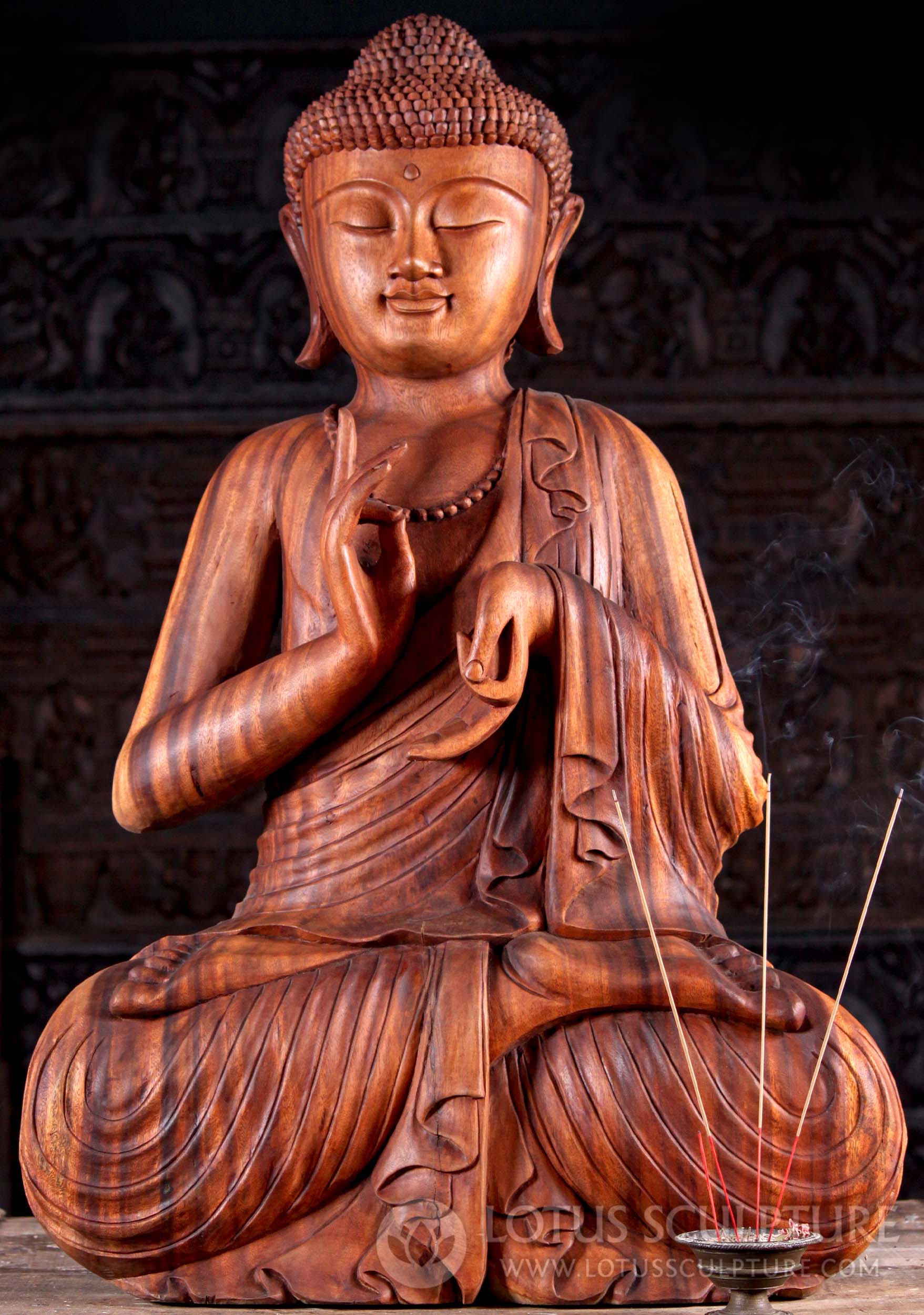 Large Suar Wood Padmasana Seated Peaceful Buddha Sculpture in Dharmachakra Mudra 39"