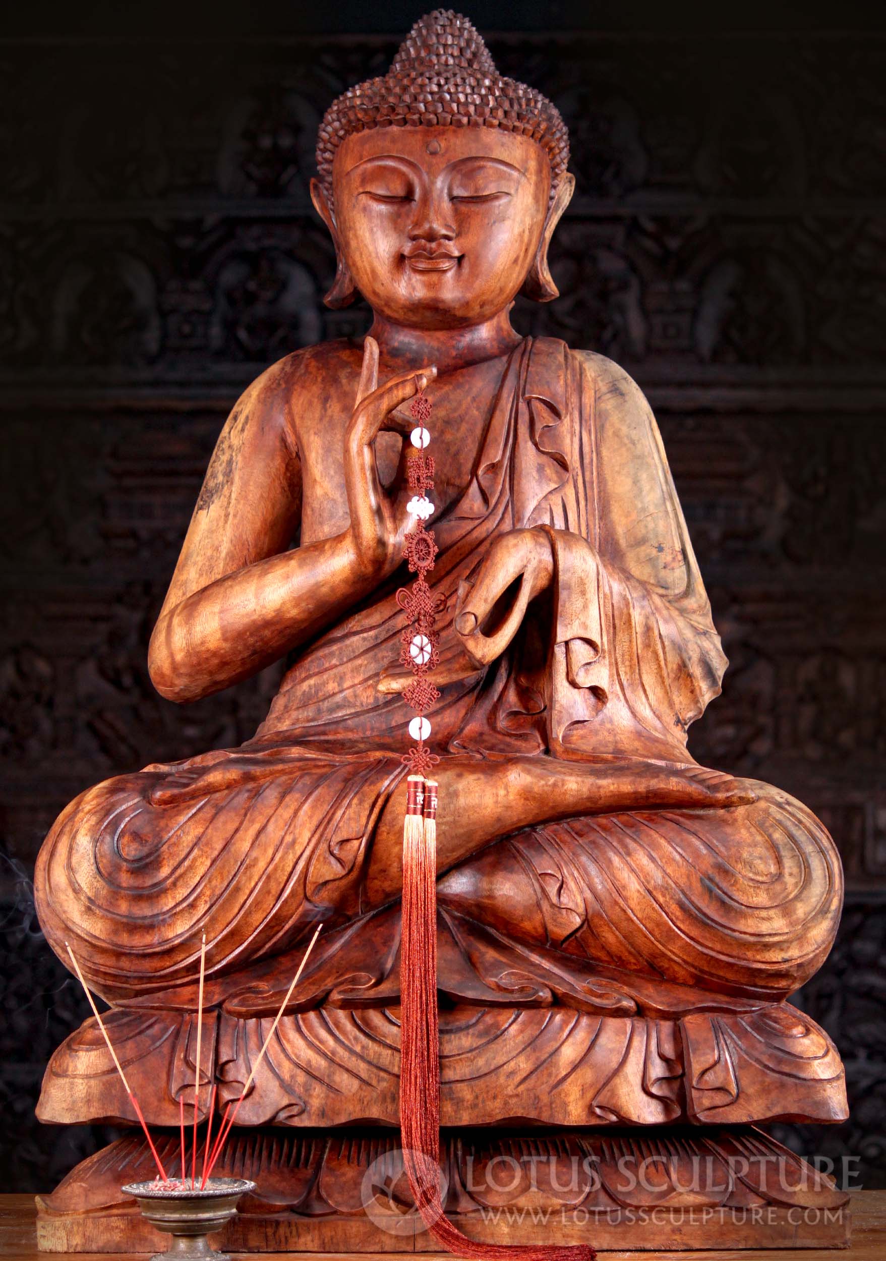 Suar Wood Padmasana Seated Buddha Sculpture in Dharmachakra Mudra on Lotus 41"