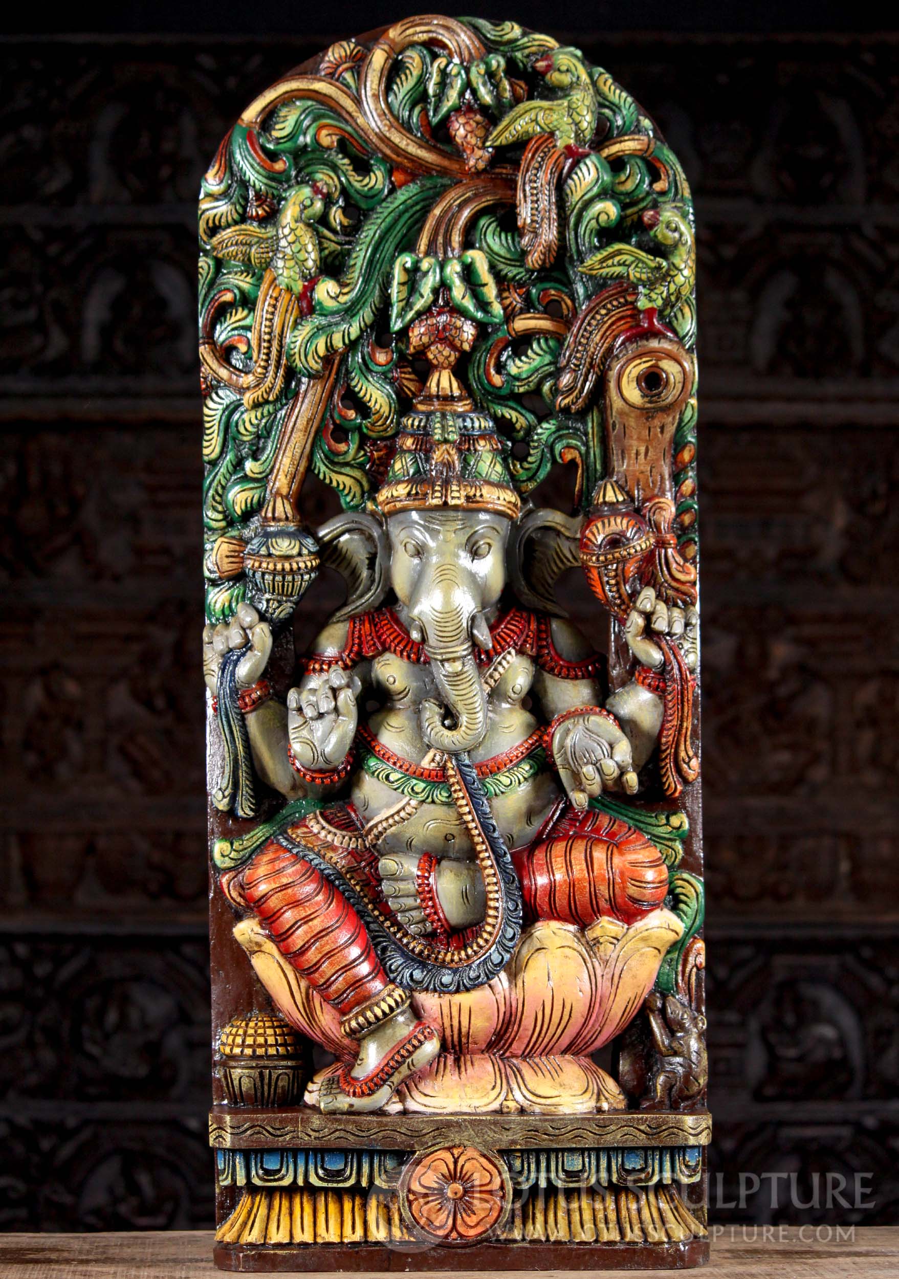 Colorful Painted Wood Seated Hindu God Ganesh Sculpture Under Lush Canopy with Parrots 36"