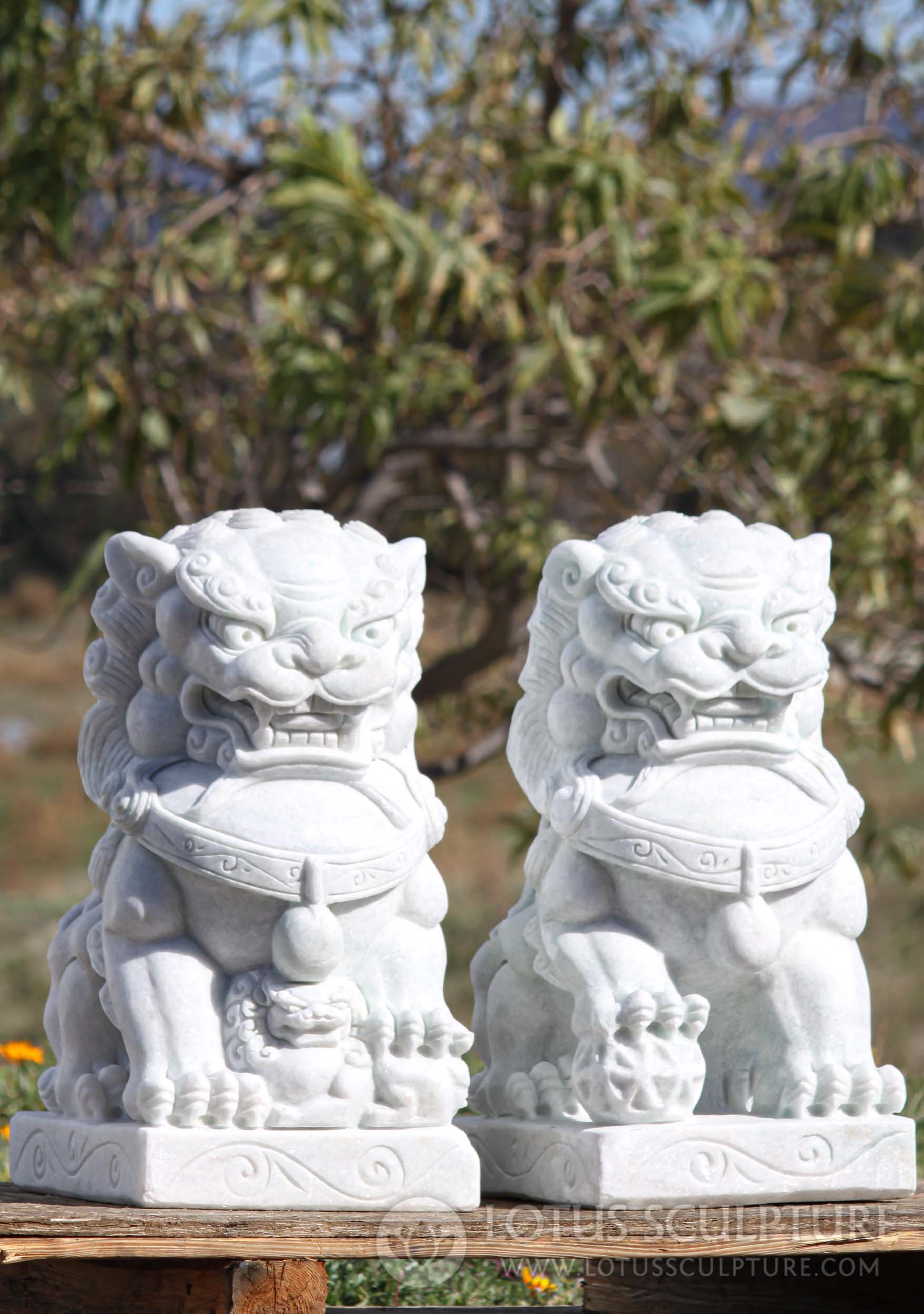 White Marble Foo Dogs Shishi Guardian Lions Outdoor Statues Symbols of Protection 24"