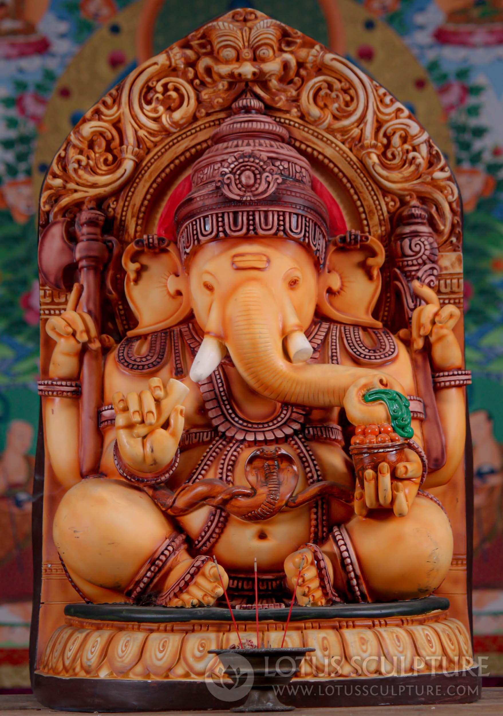 Fiber Panel Seated Chubby Hindu God Ganesh Statue with Cobra Belt & Bowl of Sweets 30"