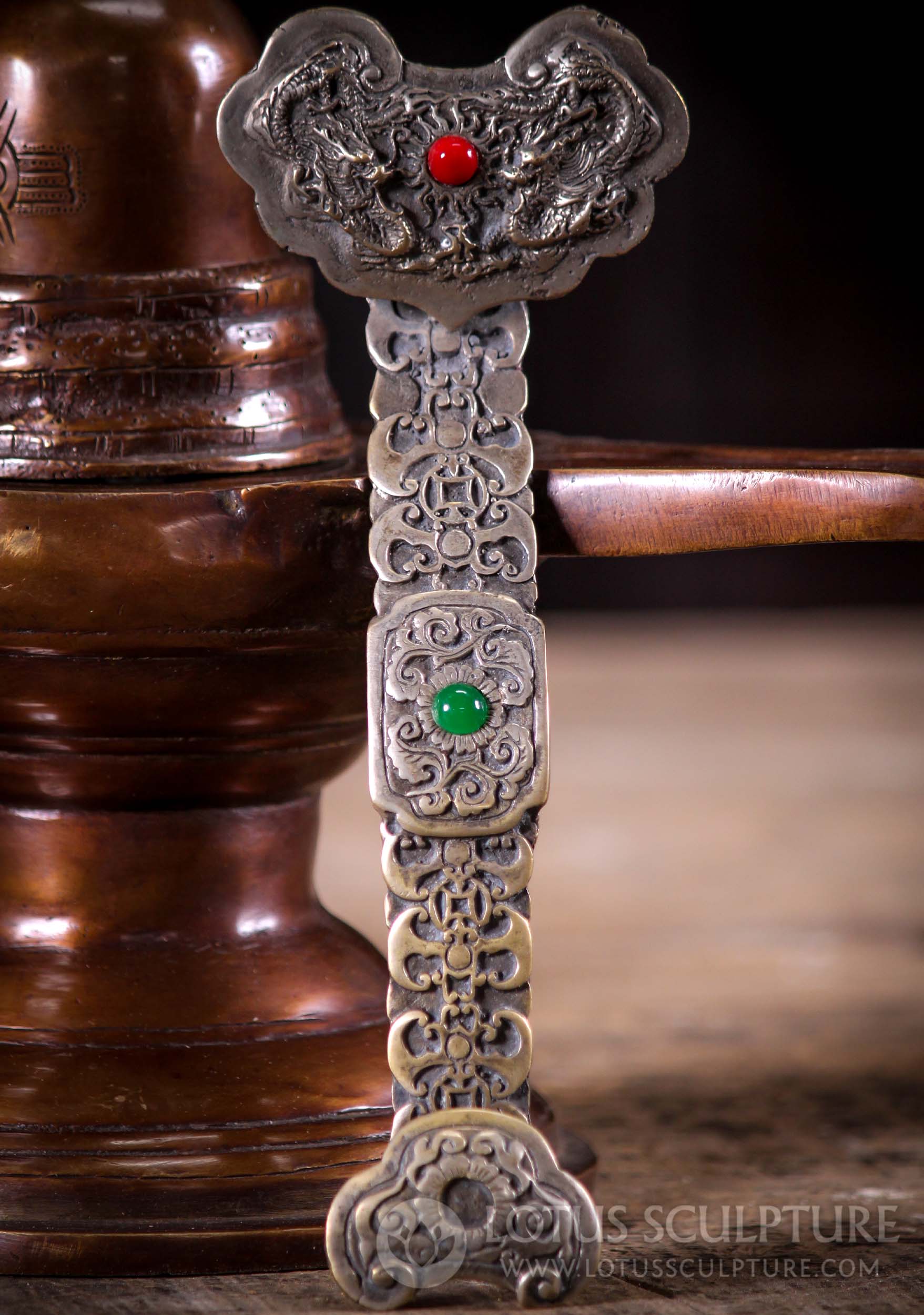 Tibetan Ru Yi  "Sceptre of Power" with Dragons & Gems for Power & Good Fortune 8"