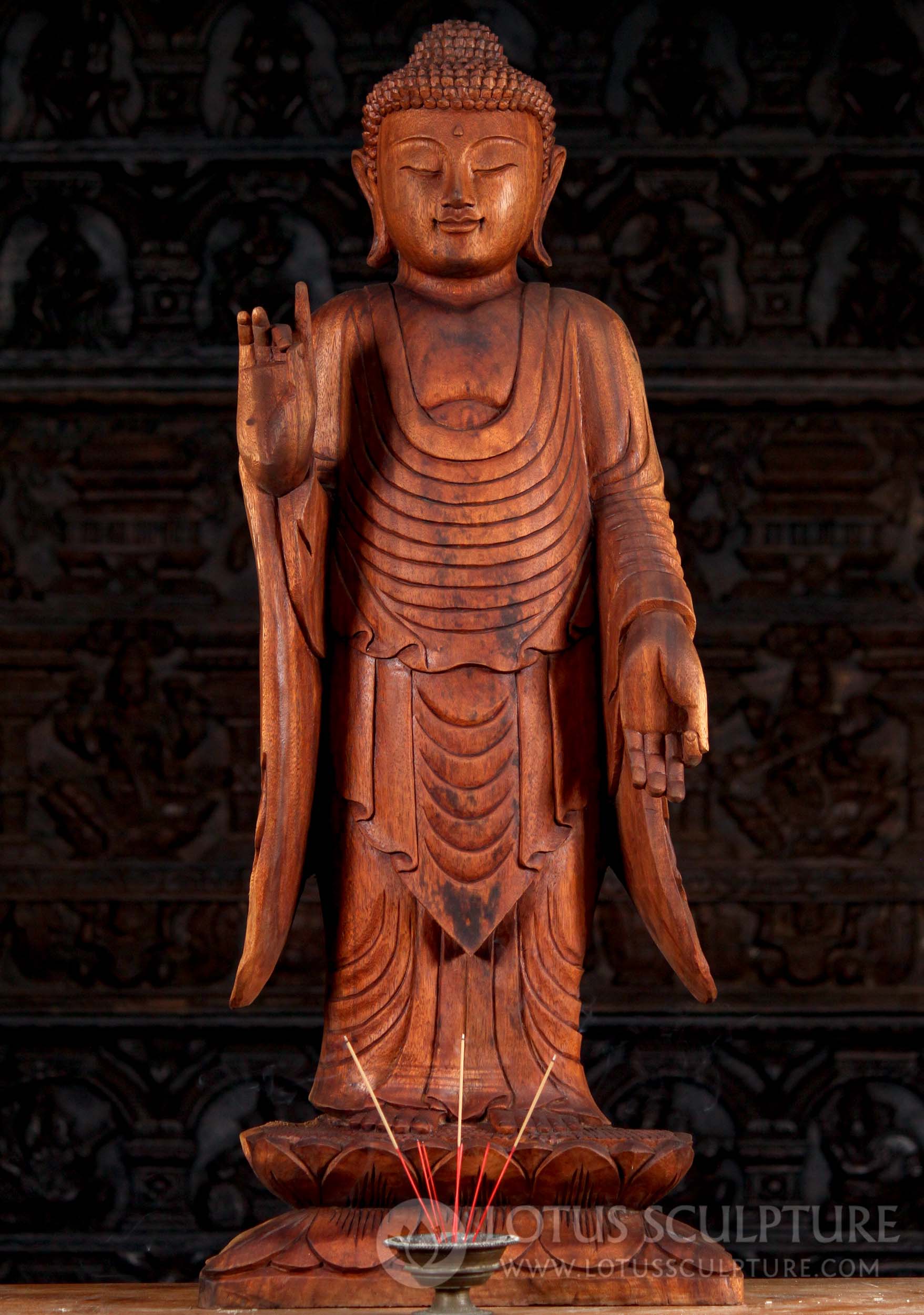 Serene Suar Wood Hand Carved Standing Vitarka Mudra Buddha Sculpture on Lotus Base 39"