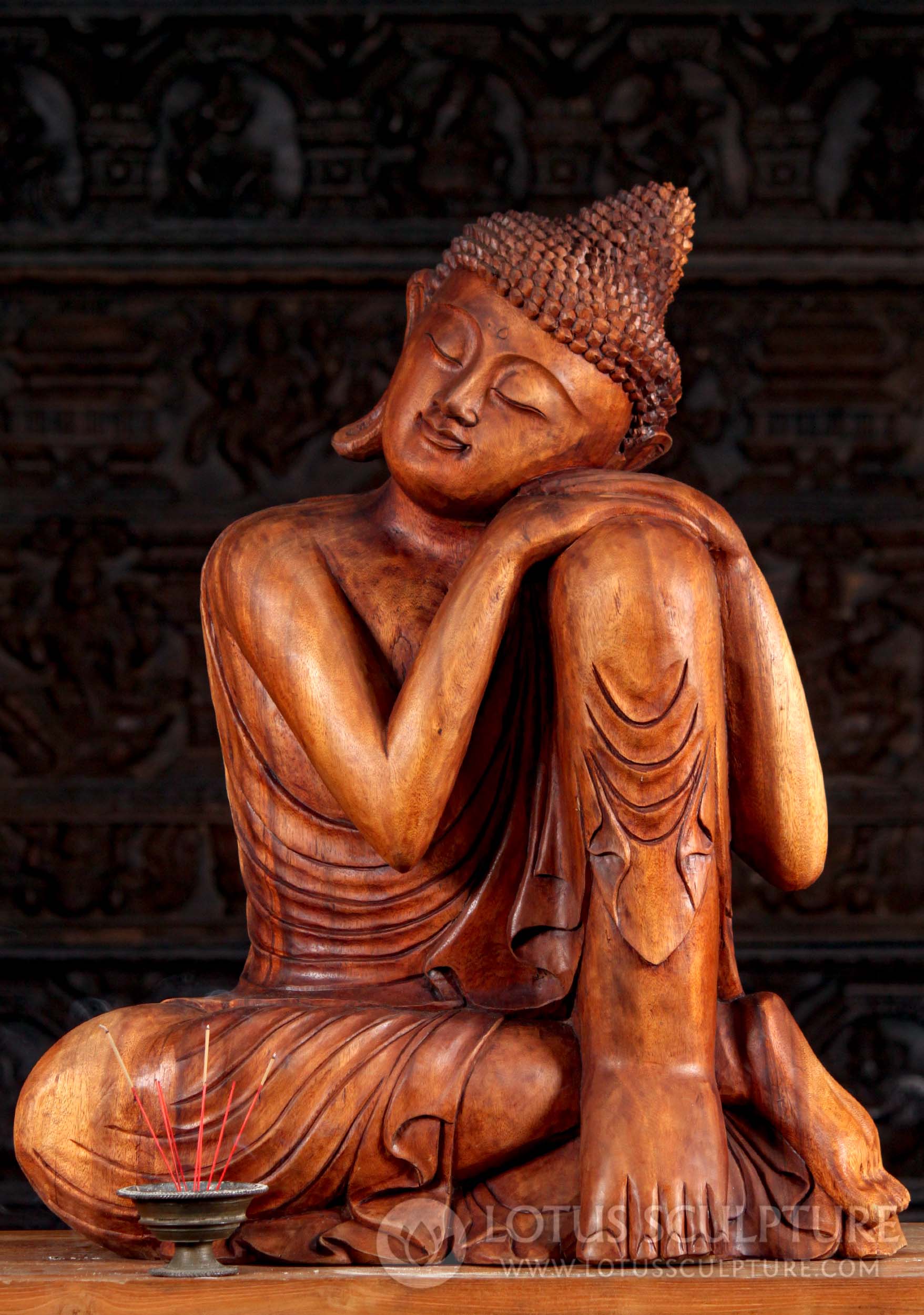 Wooden Seated Buddha Sculpture in Peaceful Resting Position Hand Carved Statue 31"