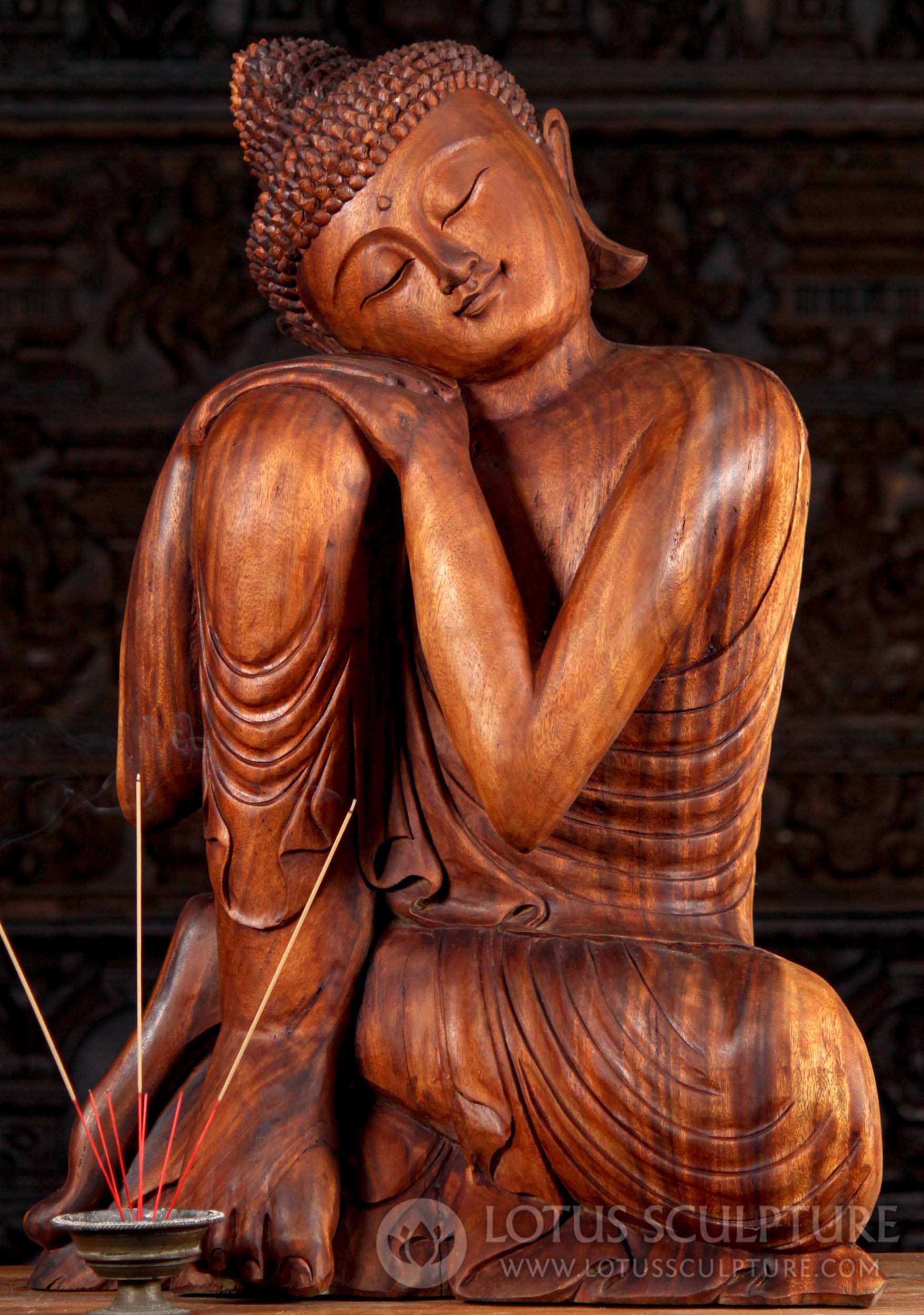 Peaceful Hand Carved Wood Resting Buddha Sculpture with Hands on Right Knee 32"