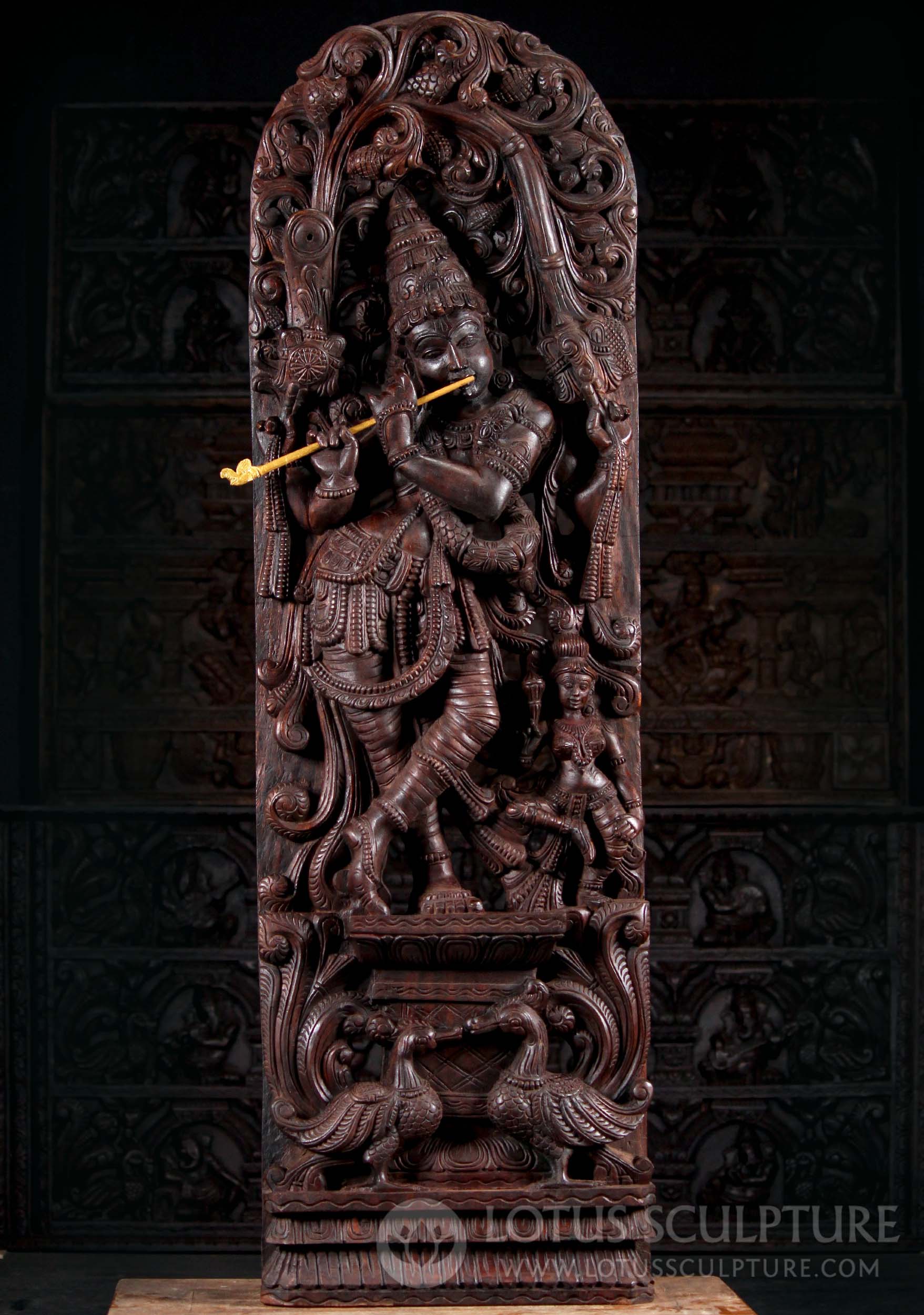 Tall Wooden Gopal Krishna Panel Hand Carved Hindu Sculpture with Gopi and Peacocks 60"