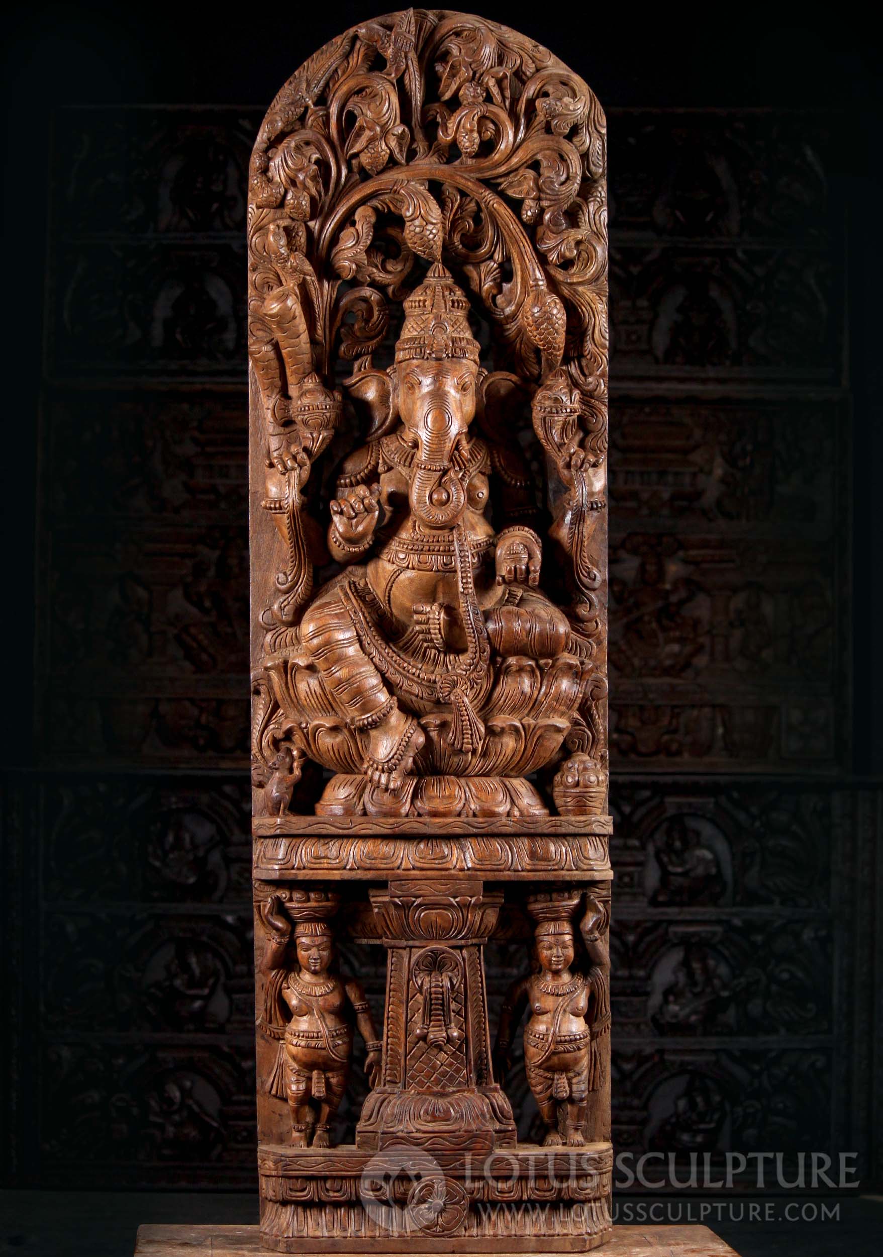 Wood Carved Panel of Hindu God Ganesh Holding Broken Tusk Seated Above 2 Gana 60"