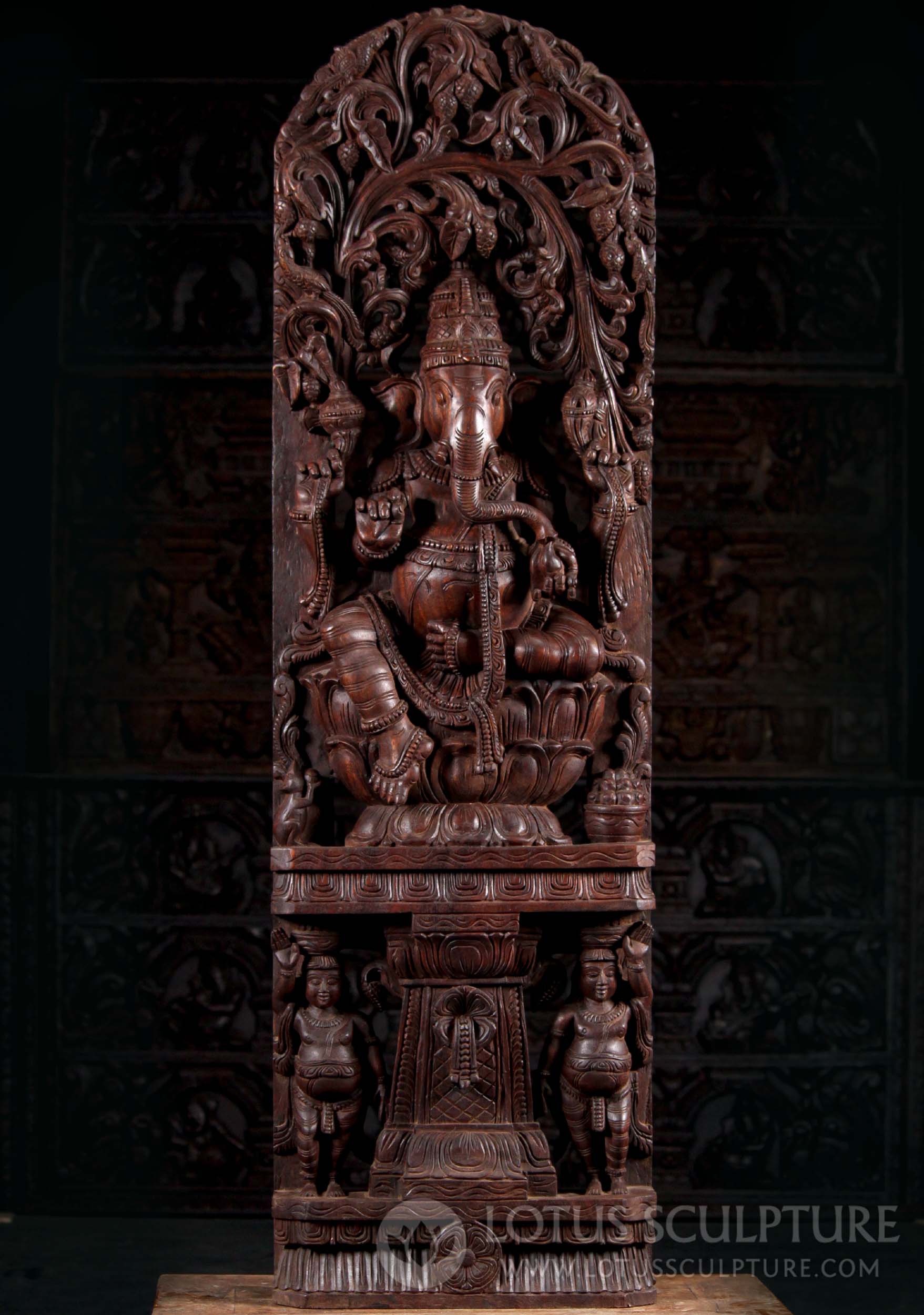 Wood Ganesha Panel of Hindu God Carving Holding Broken Tusk Seated Above 2 Gana 60"