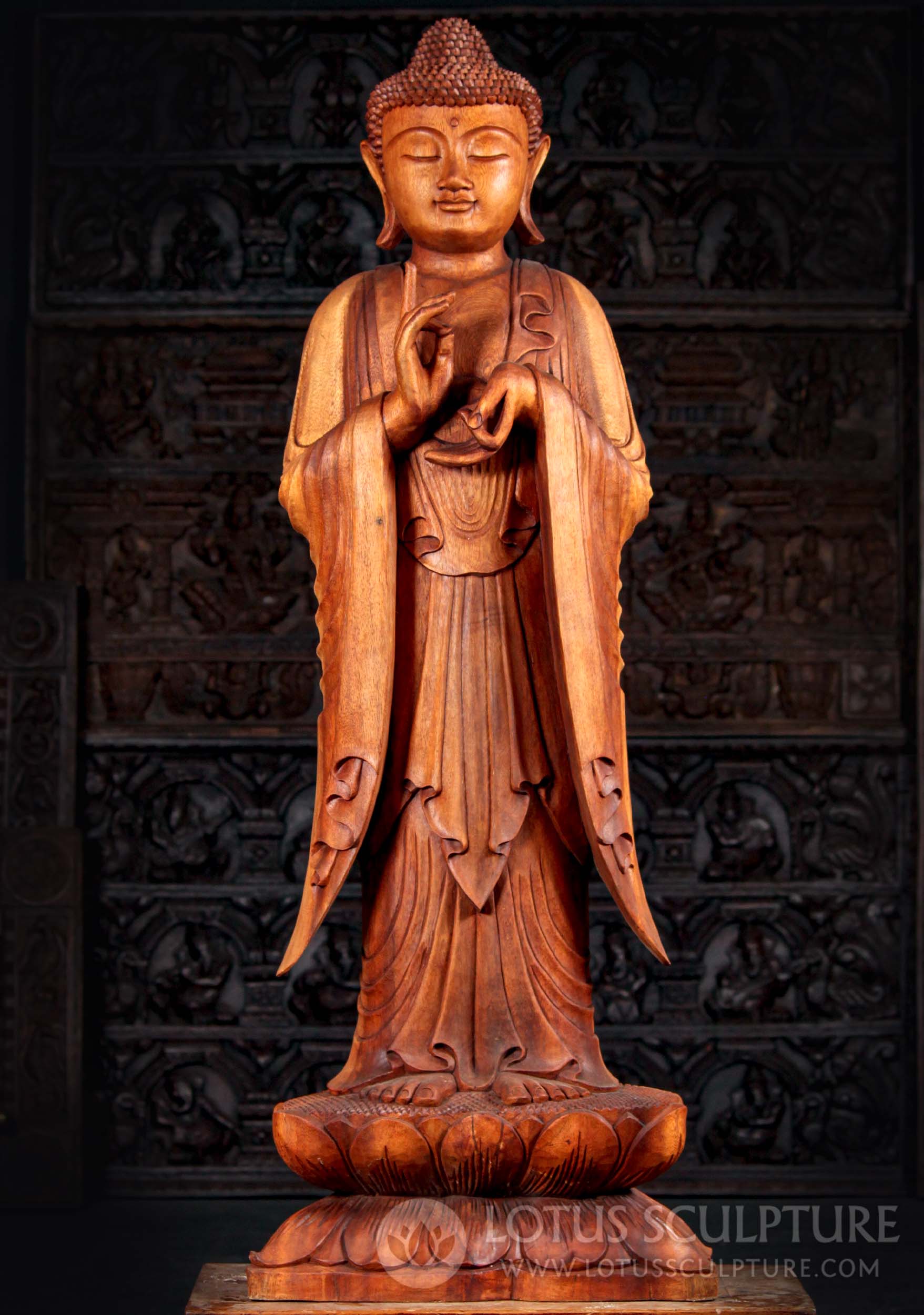 Tall Hand Carved Suar Wood Standing Buddha Sculpture In Dharmachakra Mudra 60"