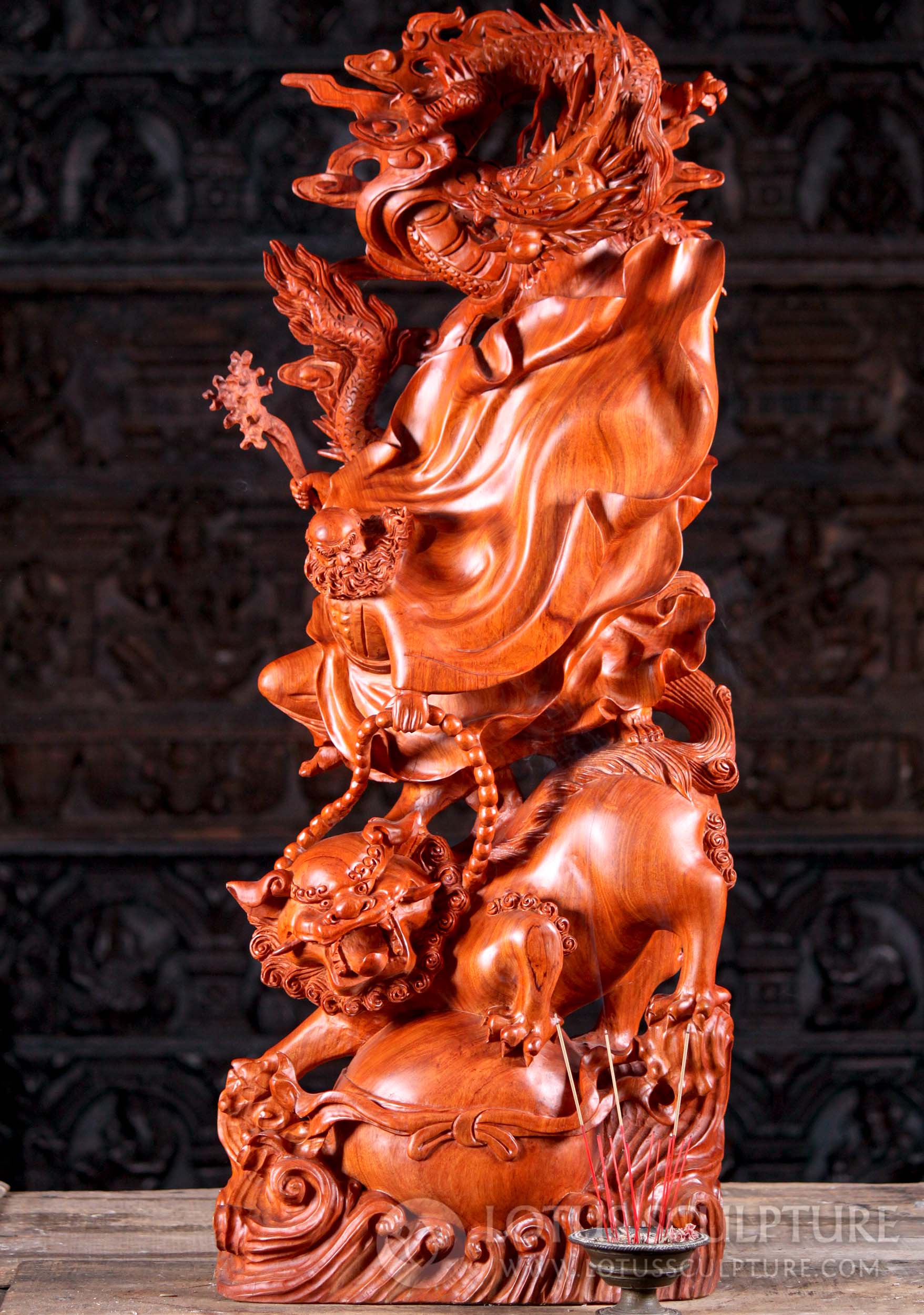 Bodhidharma Vibrant Large Highly Detailed Wooden Sculpture with Foo Dog & Dragon 39"