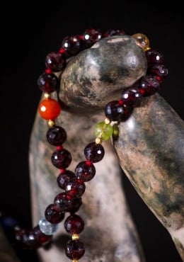 Garnet Mala Necklace with 108 Beads, Seven Chakra Stones Associated with Lord Buddha 22 by Lotus Sculpture