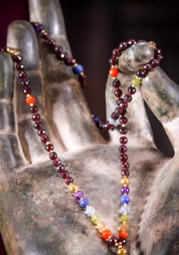 Garnet Mala Necklace with 108 Beads, Seven Chakra Stones Associated with Lord Buddha 22 by Lotus Sculpture