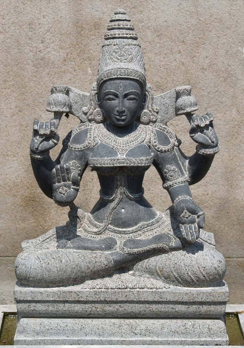 Lakshmi Sculpture Holding Two Lotus Flowers 26"