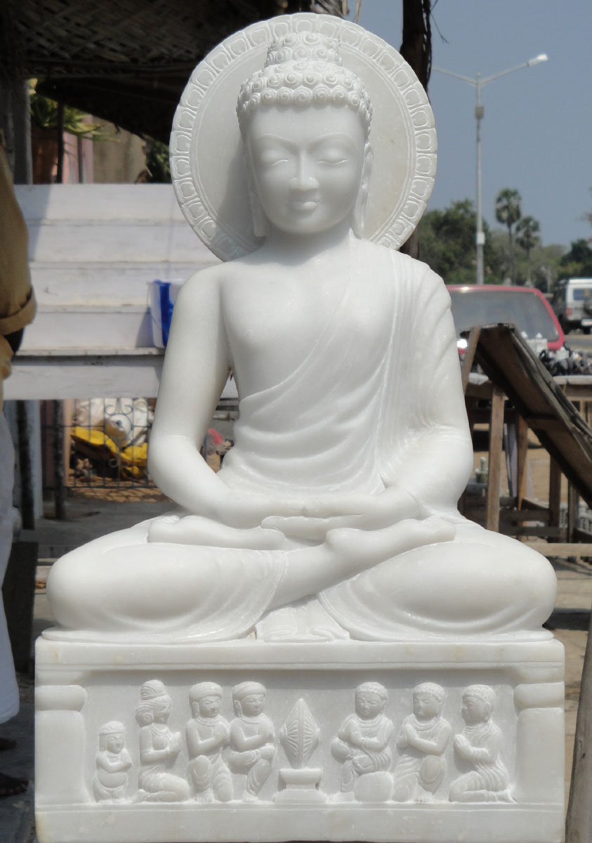 SOLD White Marble Buddha with Devotees 21