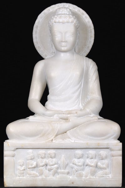 White Marble Buddha with Devotees 21"