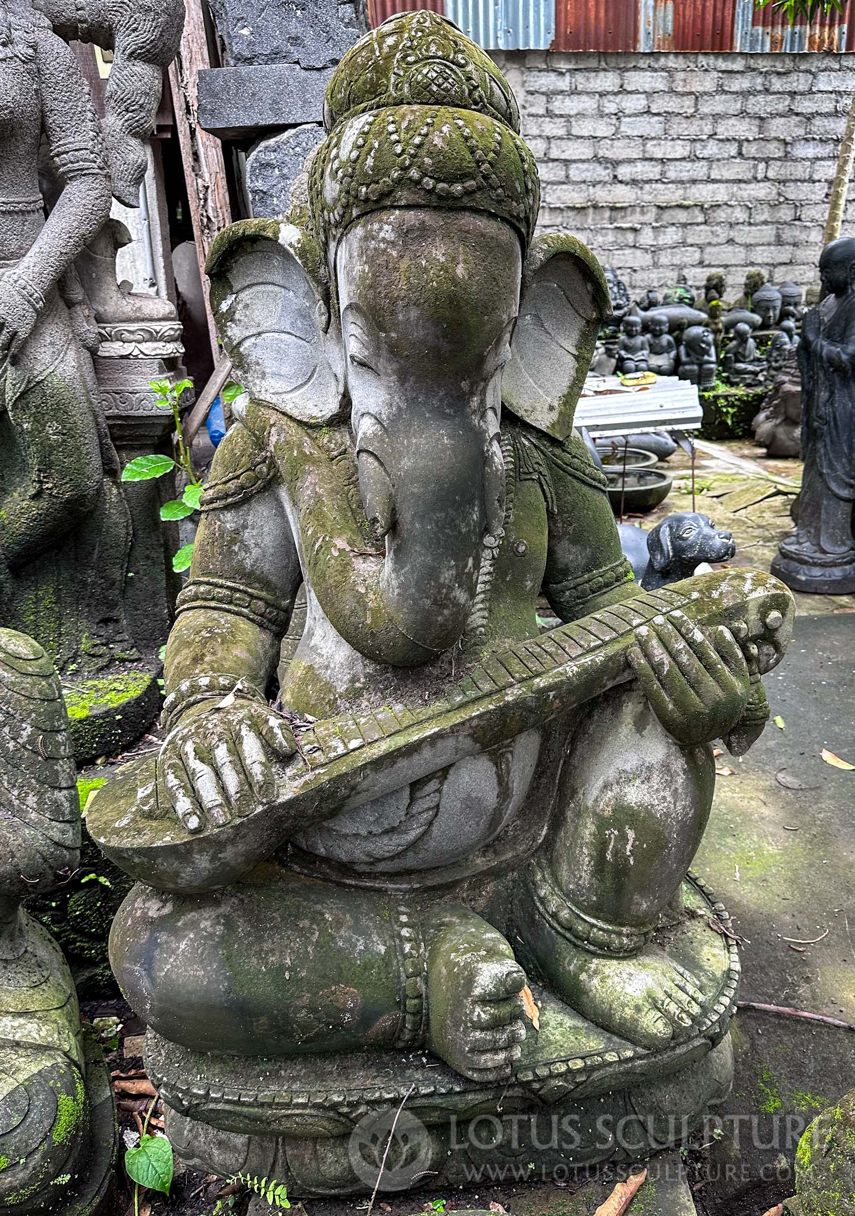 PREORDER Stone Garden Ganesha Statue Covered in Moss Playing Sita on 