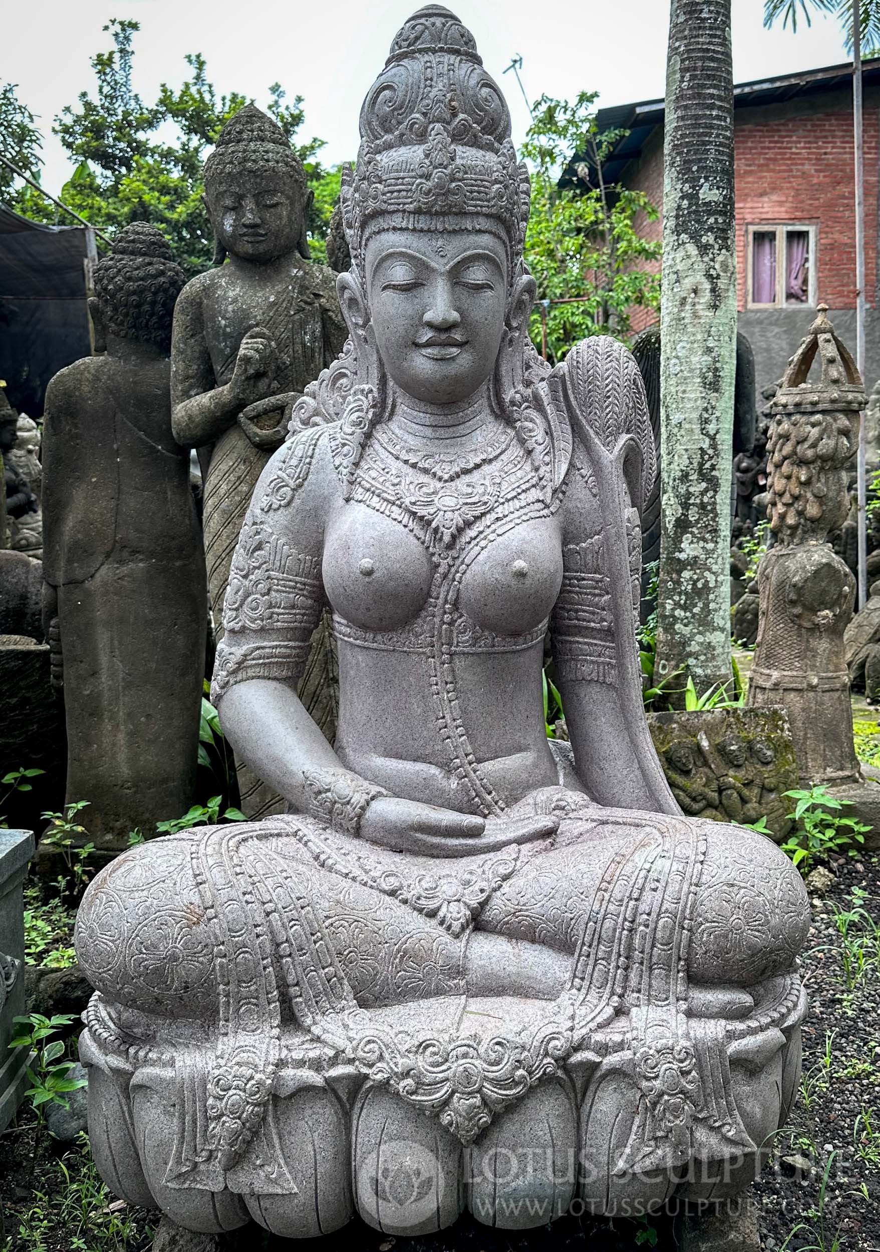 Large Stone Devi Tara Statue Meditating on Lotus Base Holding Lotus Carved in Indonesia 52"