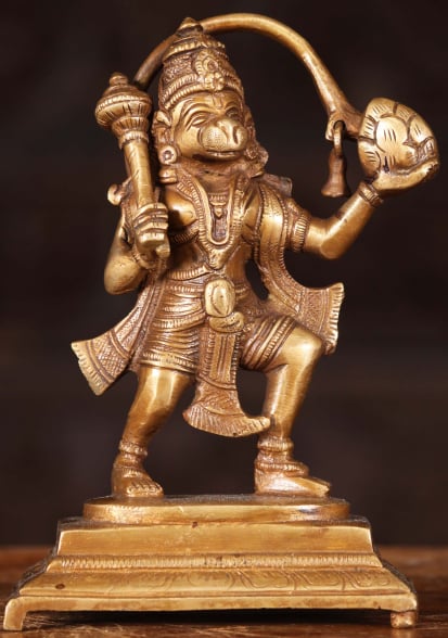 Hanuman Small Brass Statue & Mountain of Herbs & Bell on Tail Perfect Gift for Home Altar 6.5"