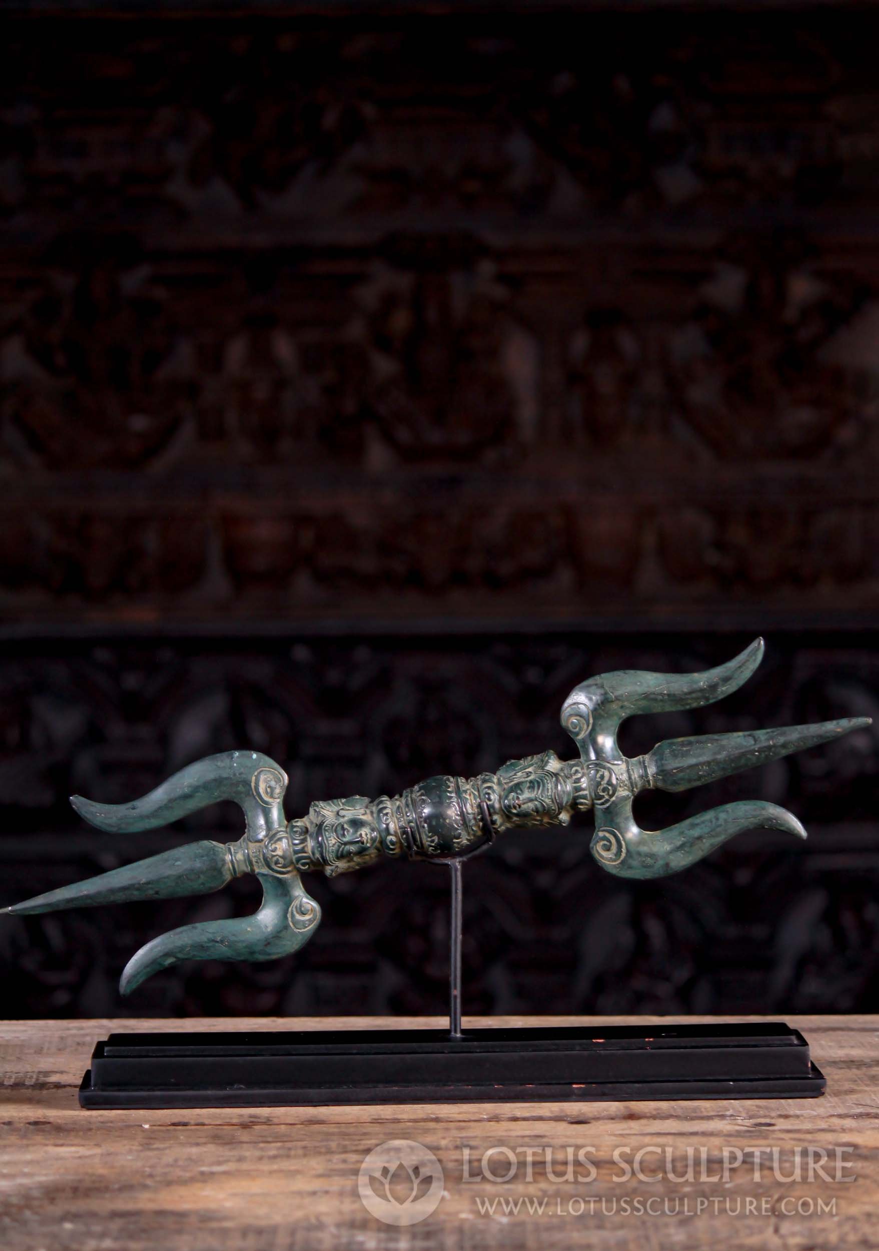 Indonesian Brass Double Trident with Antique Green Patina on Black Wooden Stand 20"