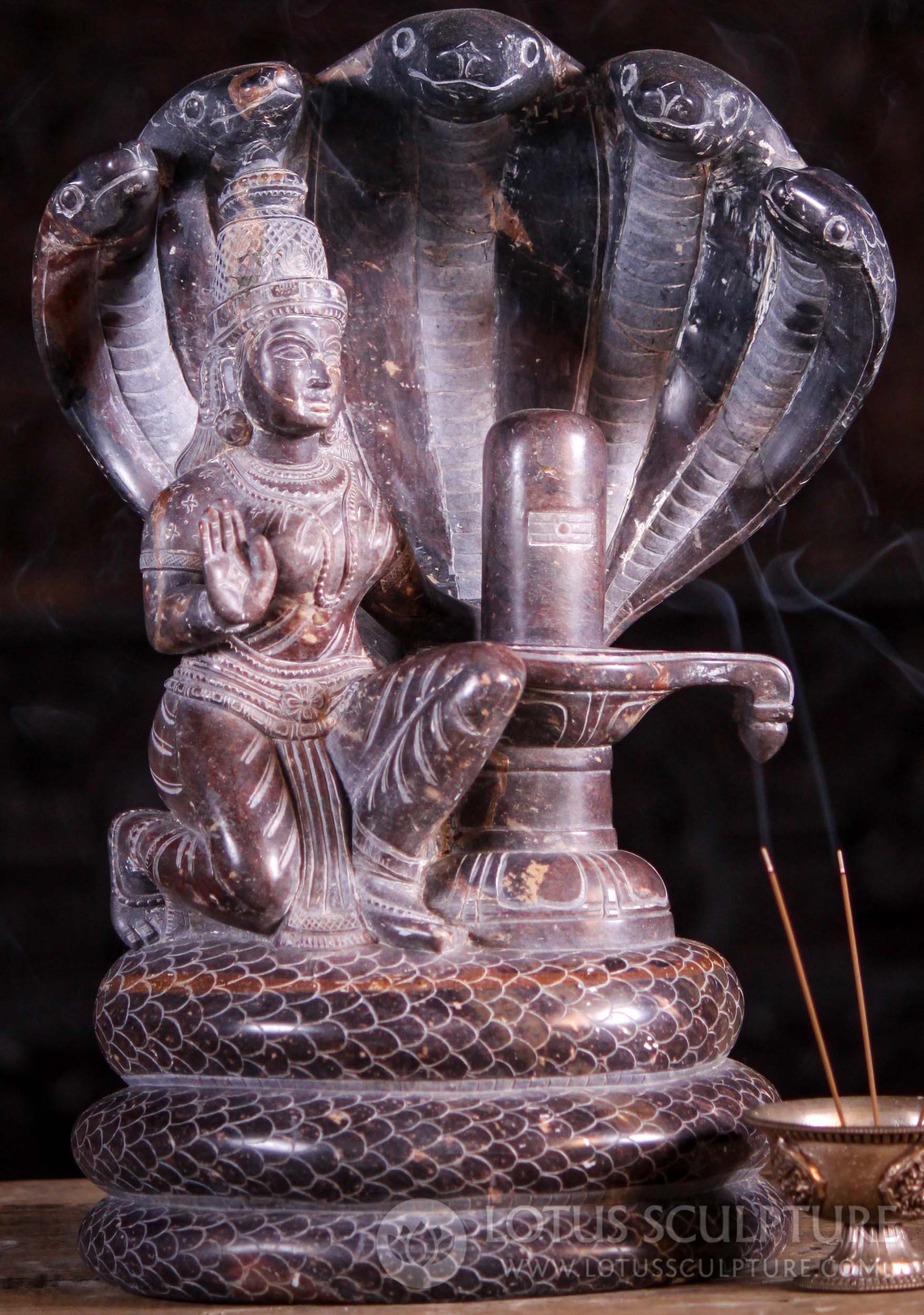 Black Marble Nagapooshani Amman Statue Parvati with Lingam on 5 Headed Serpent 15"