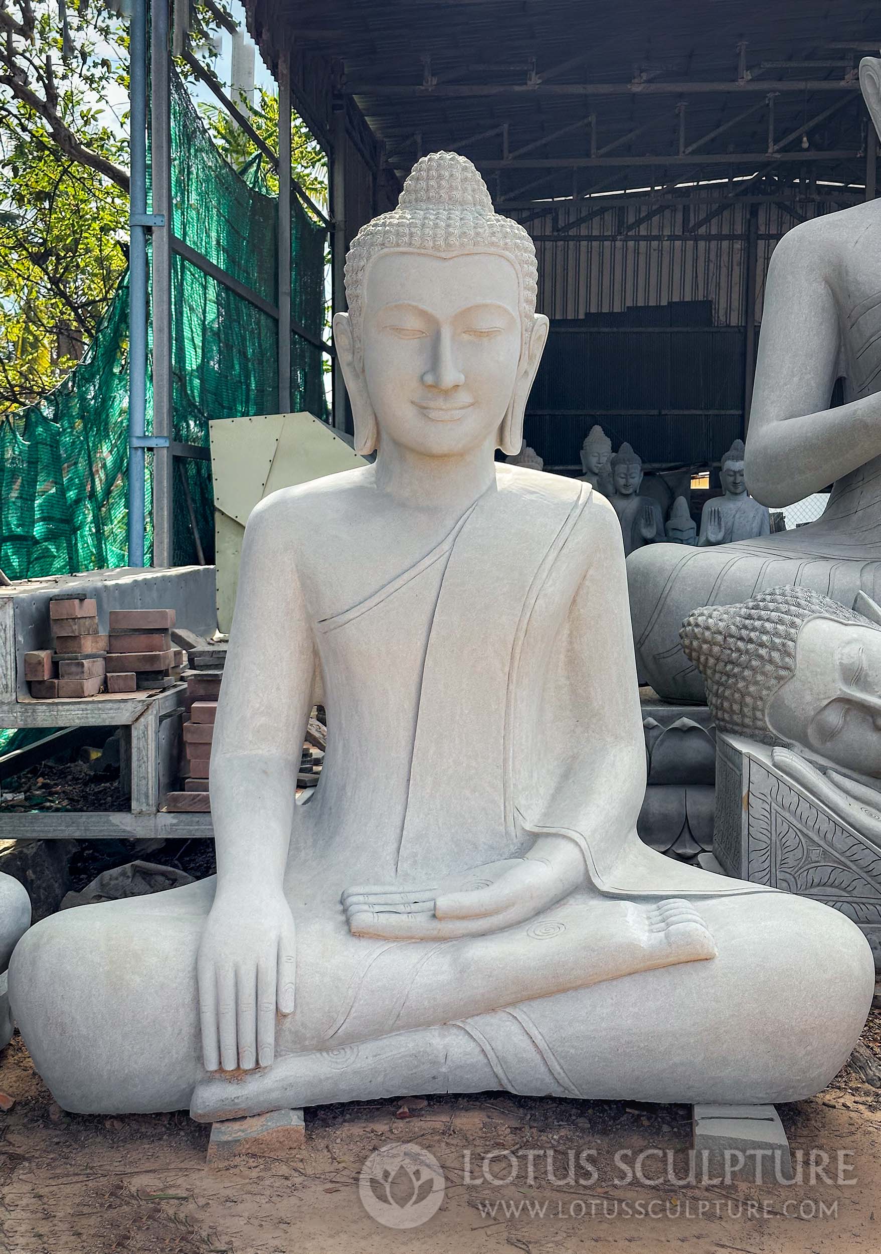 Enormous Smiling Stone Earth Touching Buddha Statue Hand Carved in Cambodia 81"