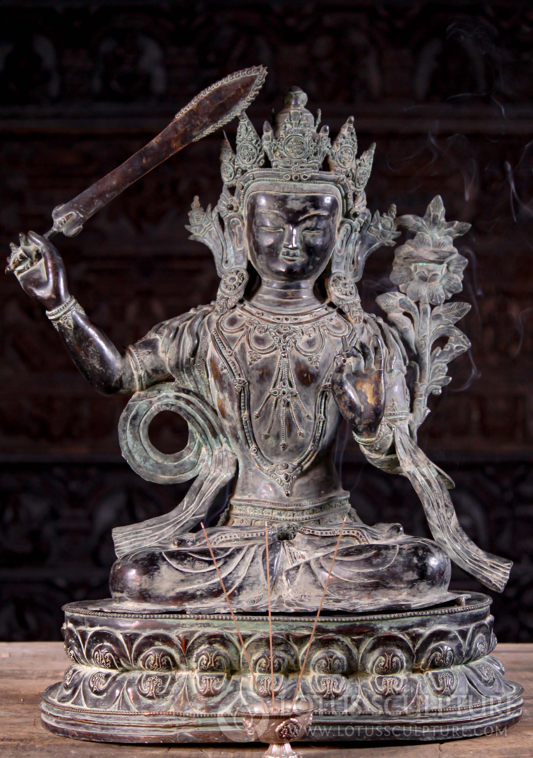 Copper with Antique Green Patina Bodhisattva Manjushri Statue Wielding Sword of Wisdom 26"