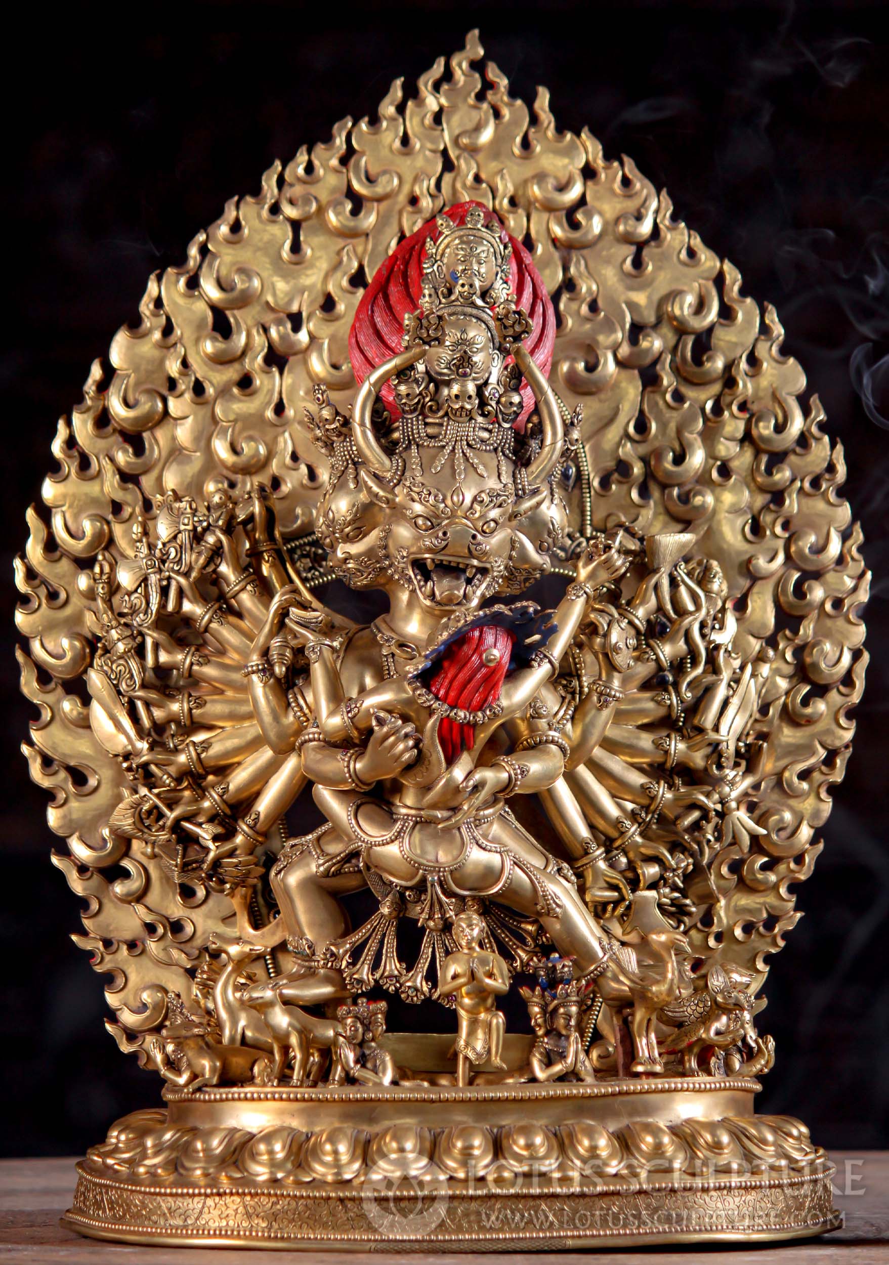 24 Karat Gold Gilded Yamantaka & Consort Vajravetali Statue Amidst Arch of Flames 21"