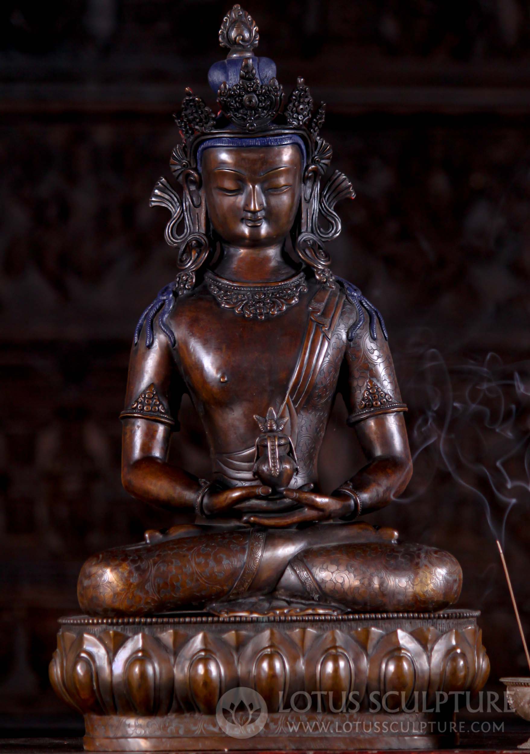 Hand Crafted Dark Copper Deity Amitayus Buddha Sculpture Made in Nepal 22"