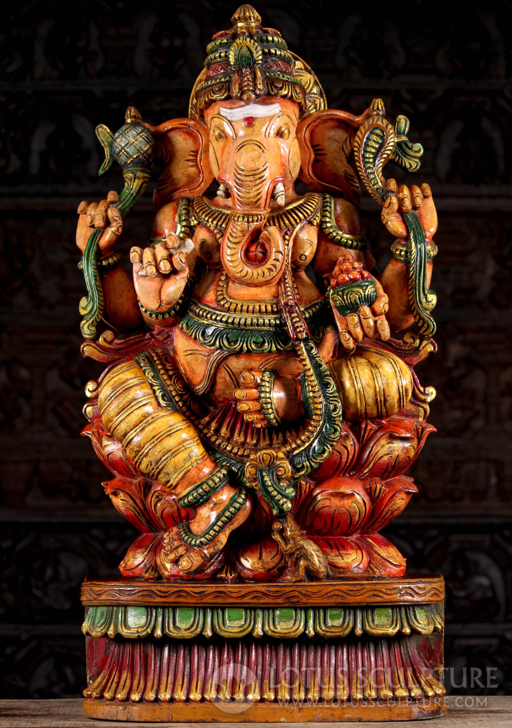 Hand Carved Hindu God Ganesha Seated on Triple Lotus Base with Mooshika Sculpture 36"