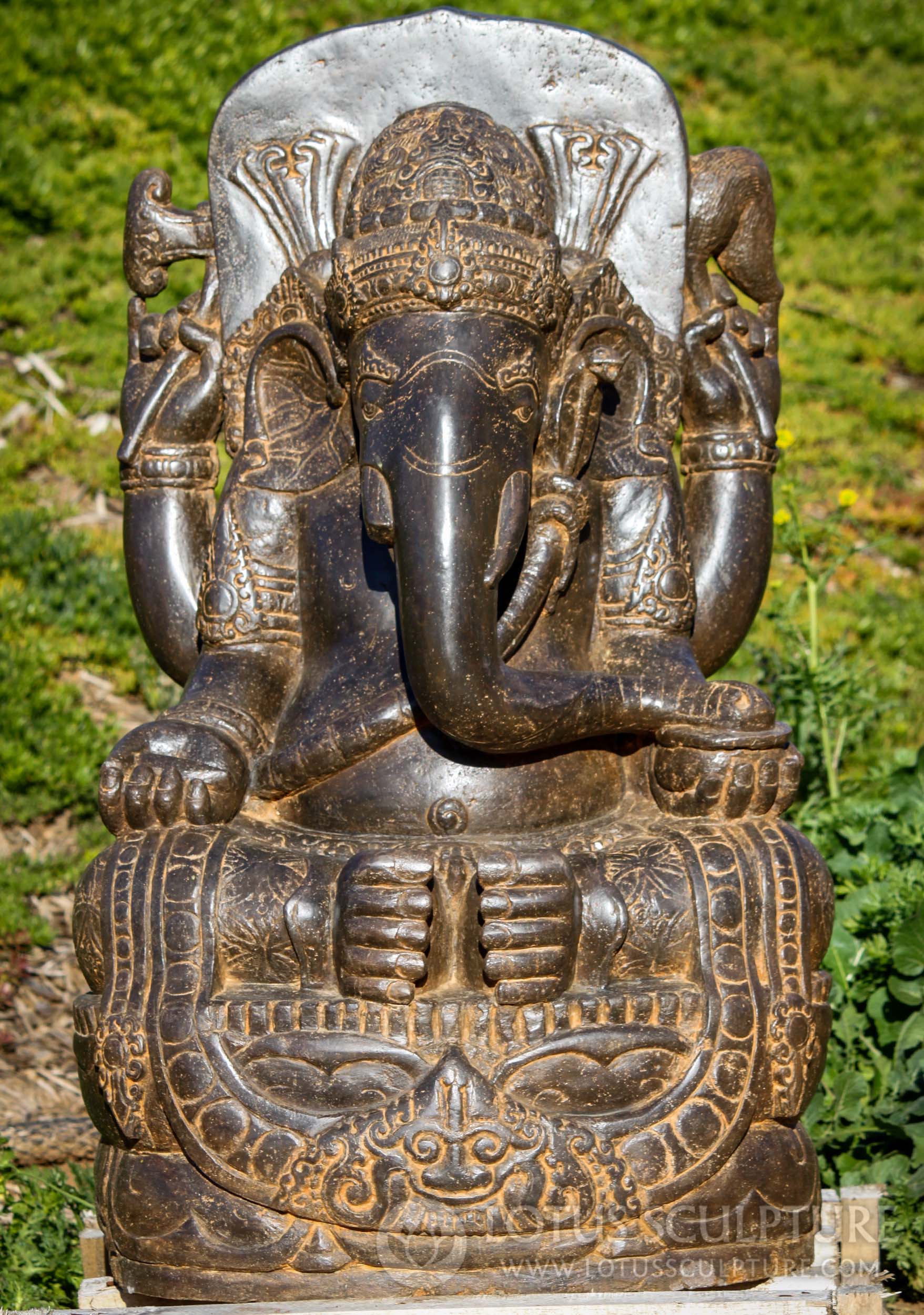 Hand Carved Stone Seated Ganesh With Broken Tusk &  Mahakala on Back Garden Statue 38"