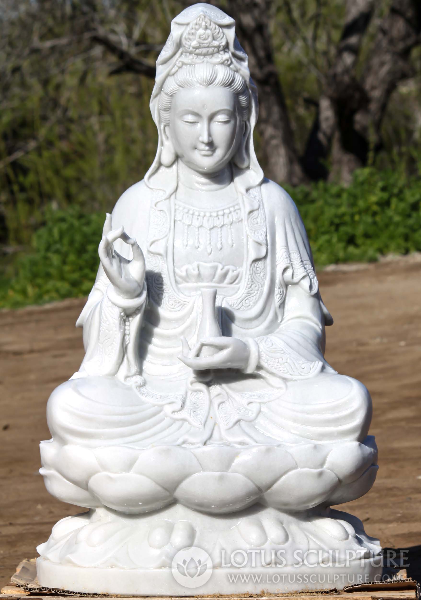 White Marble Kwan Yin Sculpture Seated on Lotus Base Holding Vase of Divine Nectar 39"