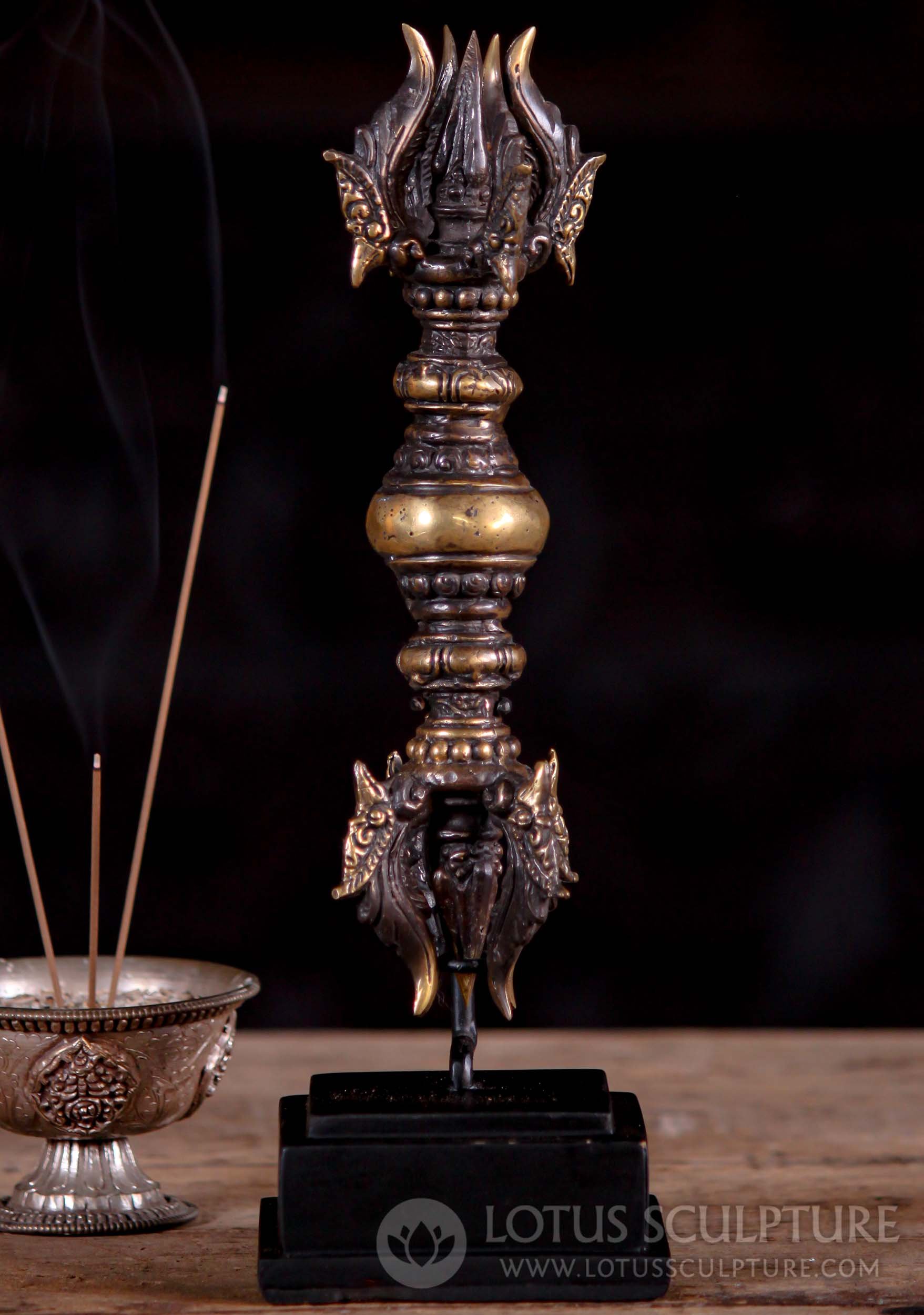 Small Indonesian Brass Double Dorje Vajra on Black Wooden Stand 9.5"