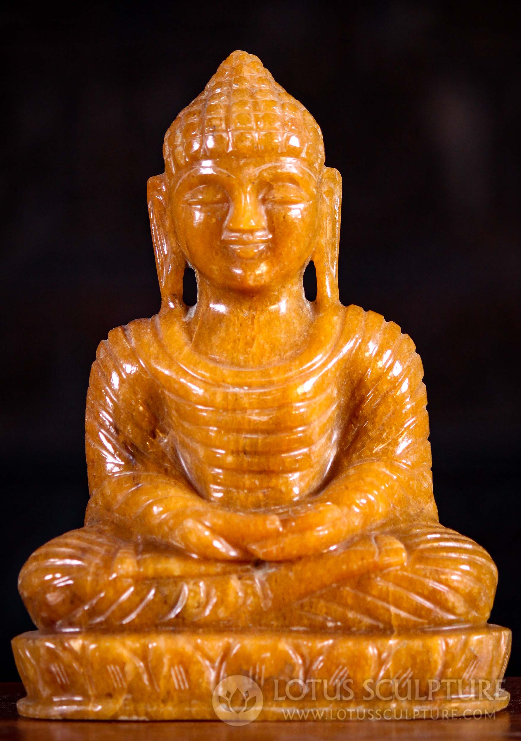 Small Hand Carved Orange Red Jasper Padmasana Seated Meditating Buddha Sculpture 8"