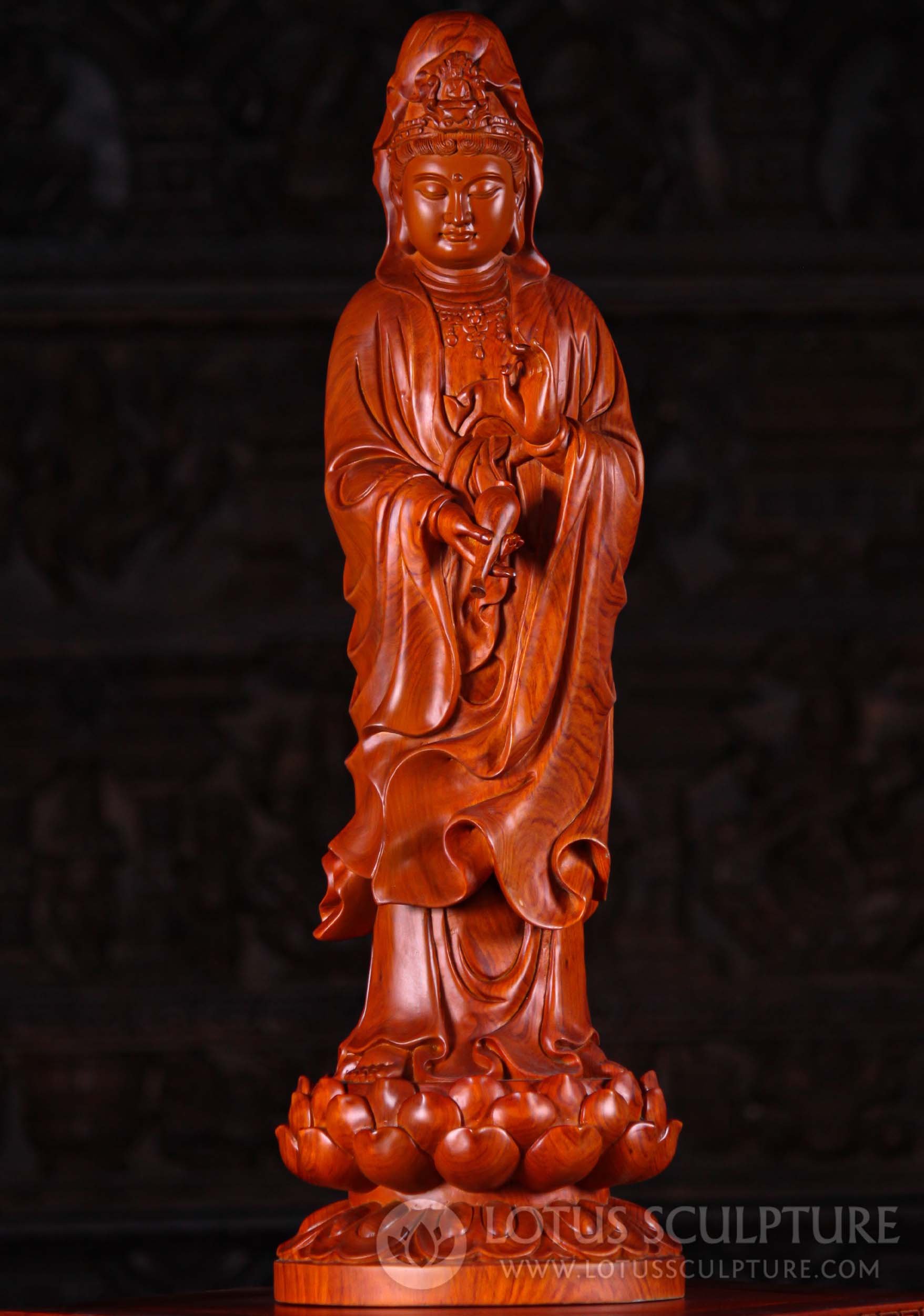 Wood Bodhisattva Kwan Yin Sculpture Pouring Out Vase Filled with Nectar of Compassion 27"