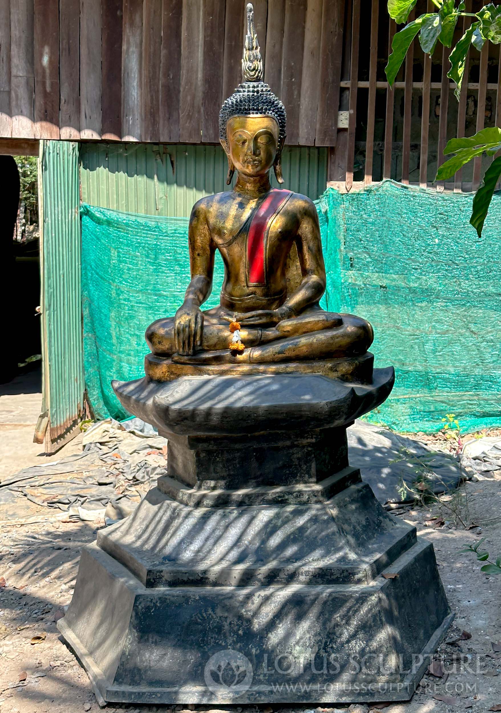 PREORDER Antique Gold Leaf Chiang Rung Style Thai Buddha Sculpture on Throne 81"