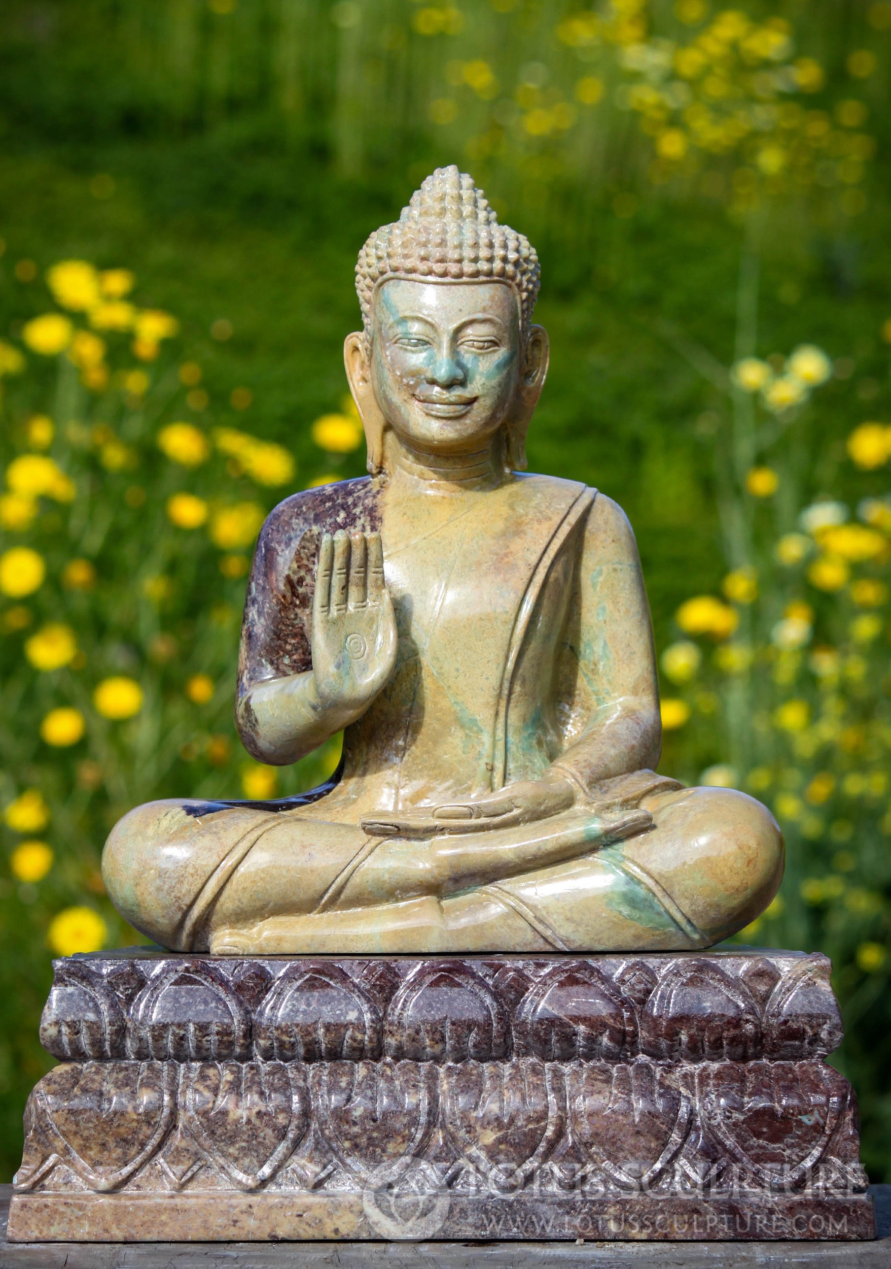 Cambodian Green Marble Abhaya Mudra Buddha Seated on Lotus Base Sculpture 19"