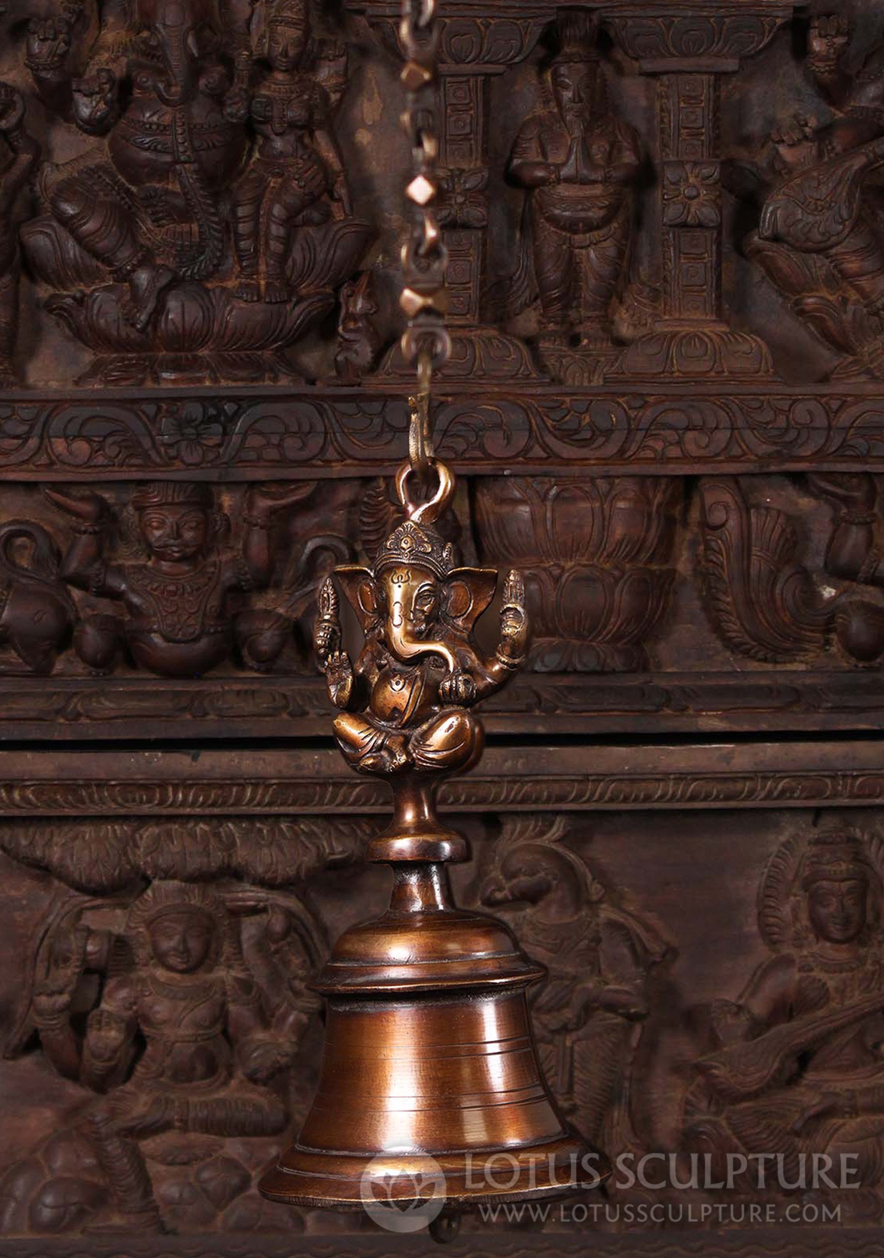 Substantial Brass Hindu Bell with Ganapathi on Top to Signal the Start of Puja 30"